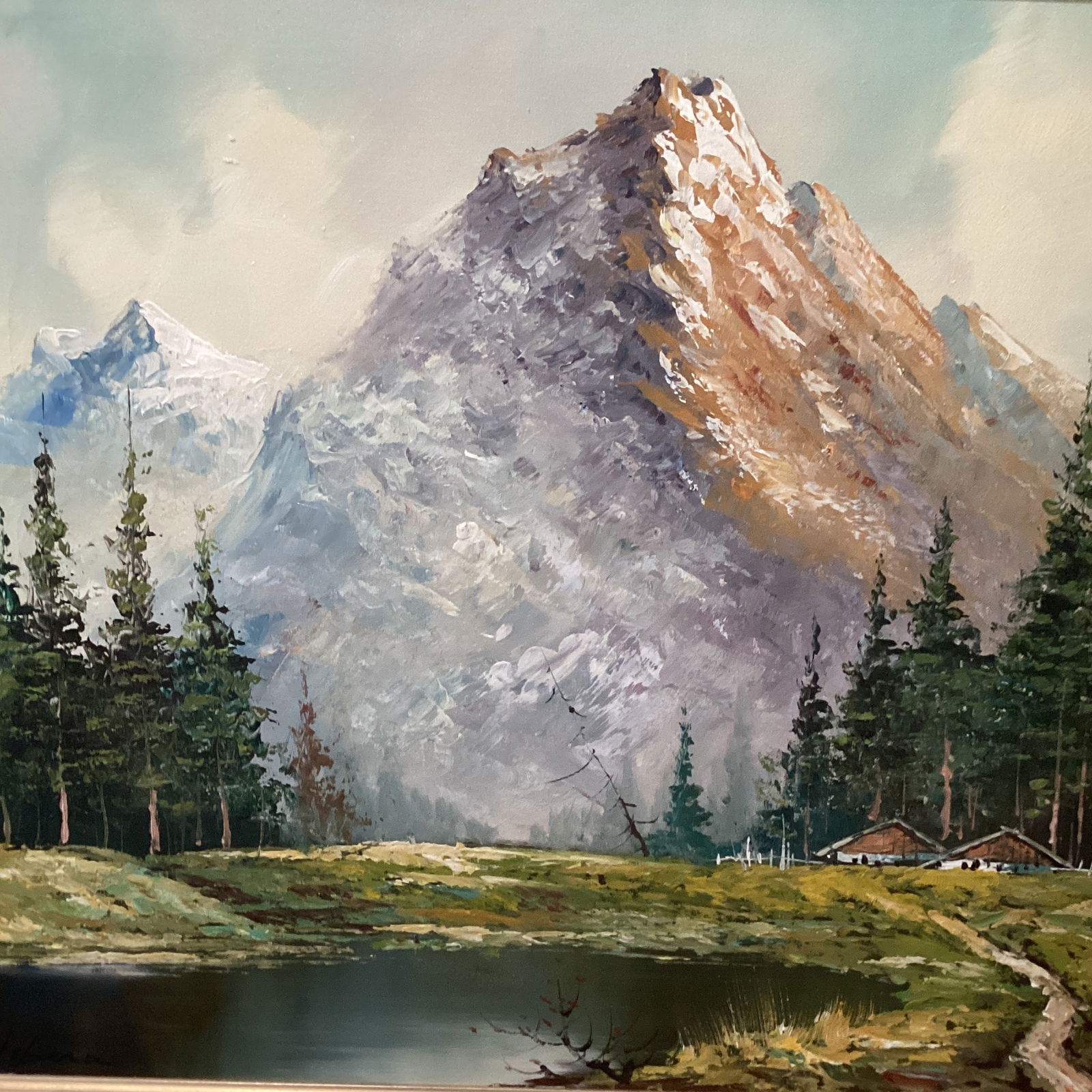 Original Painting of a Mountain Landscape with Lake and Evergreen Trees Signed Framed - 2