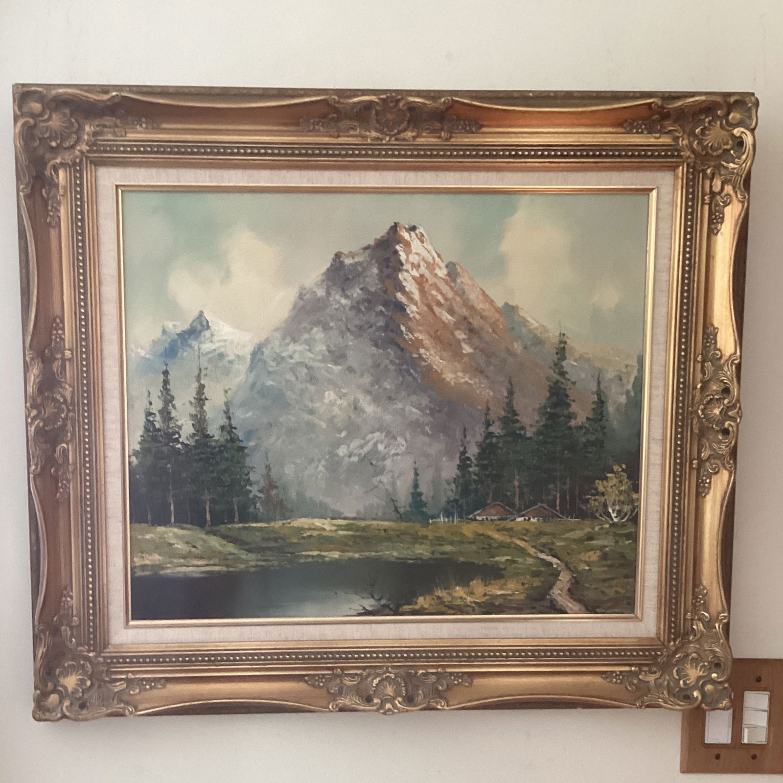 Original Painting of a Mountain Landscape with Lake and Evergreen Trees Signed Framed - 3