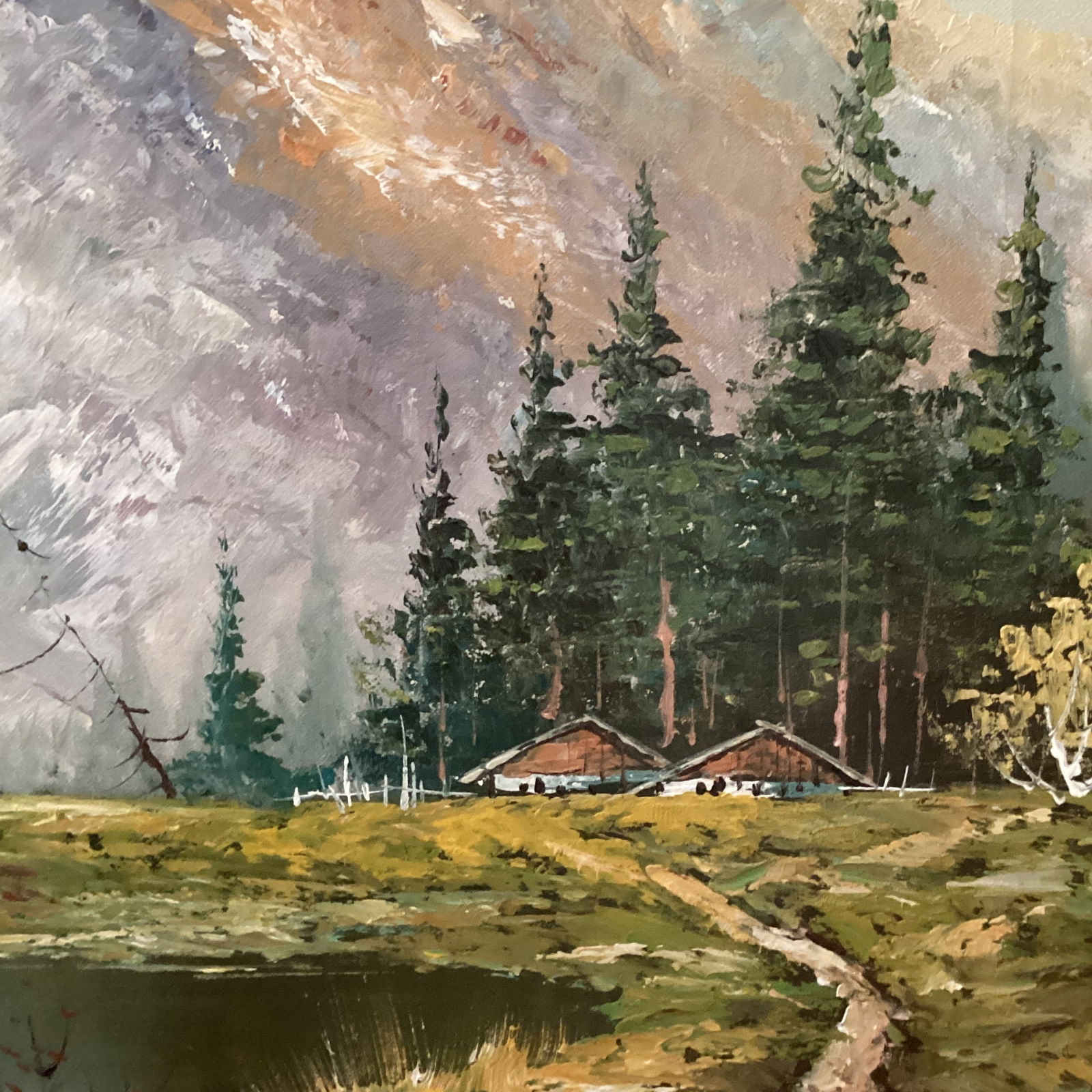 Original Painting of a Mountain Landscape with Lake and Evergreen Trees Signed Framed - 6