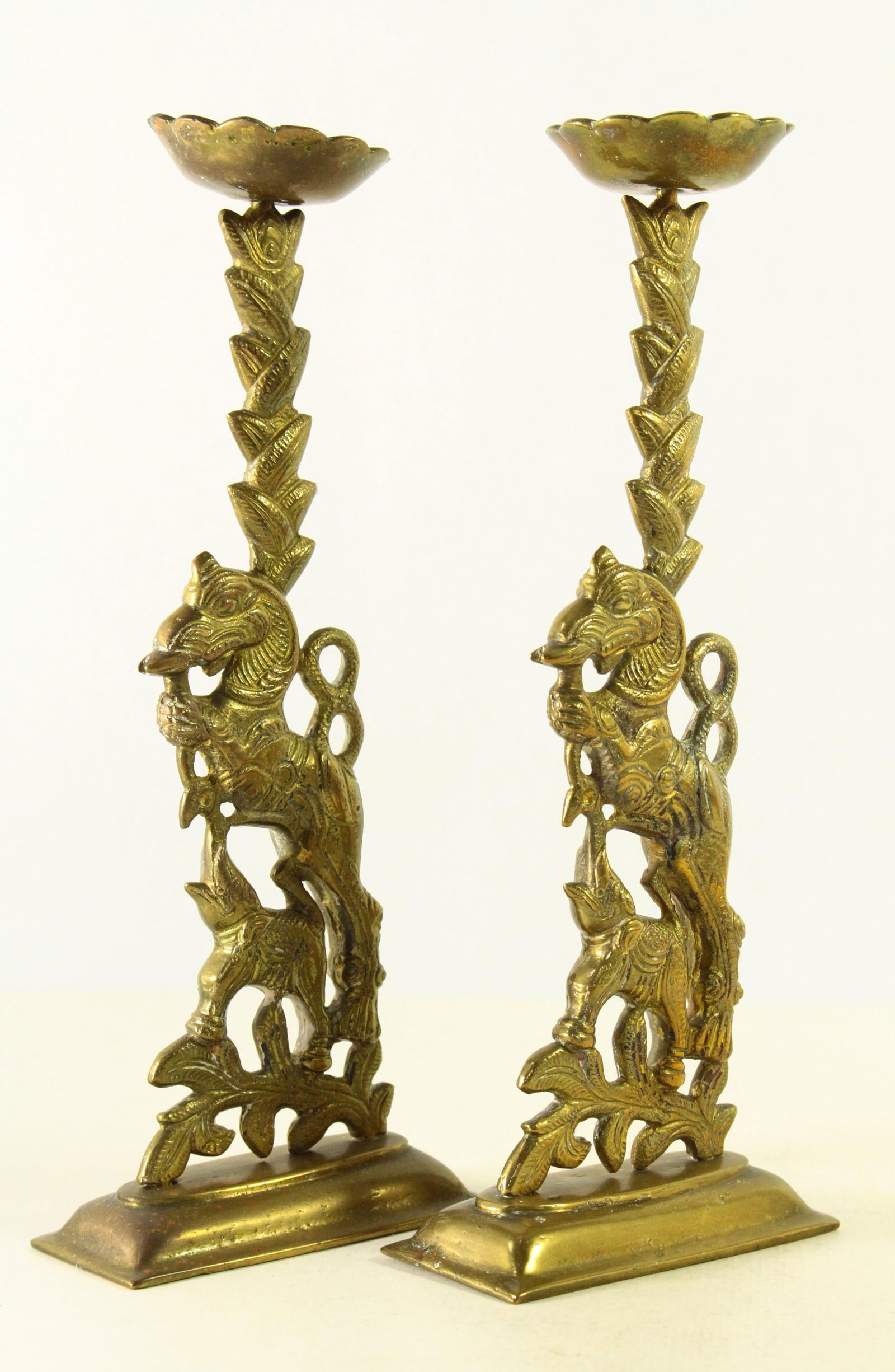 19th Century Pair Candleholders Prickets Lions Elephants Dutch Colonial Indonesia - 4