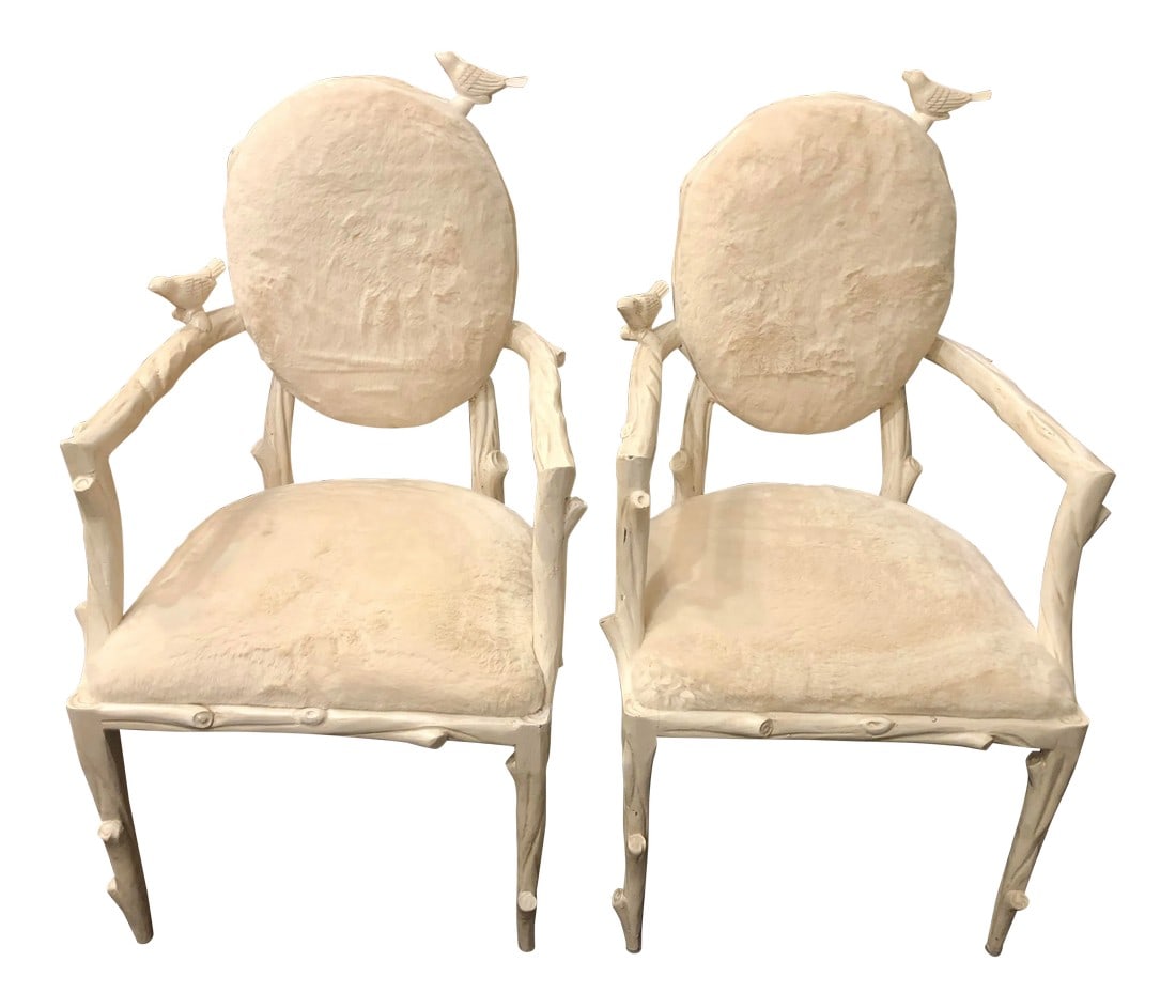 Children's Bird Motif Armchairs- A Pair: These whimsical children's armchairs feature sweet little birds on branch motif frames. The fabric is faux fur - plush, white softness. Condition: No Imperfections; Great, new condition. 