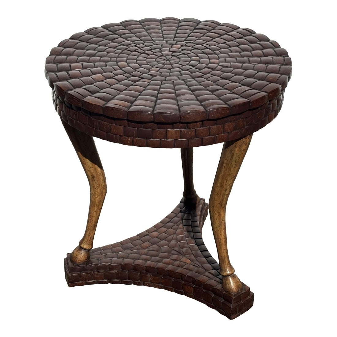 1990s Vintage Maitland Smith Round Accent Side End Table Tri-Pedestal Base Hooved Feet Carved Wood (1 of 8)