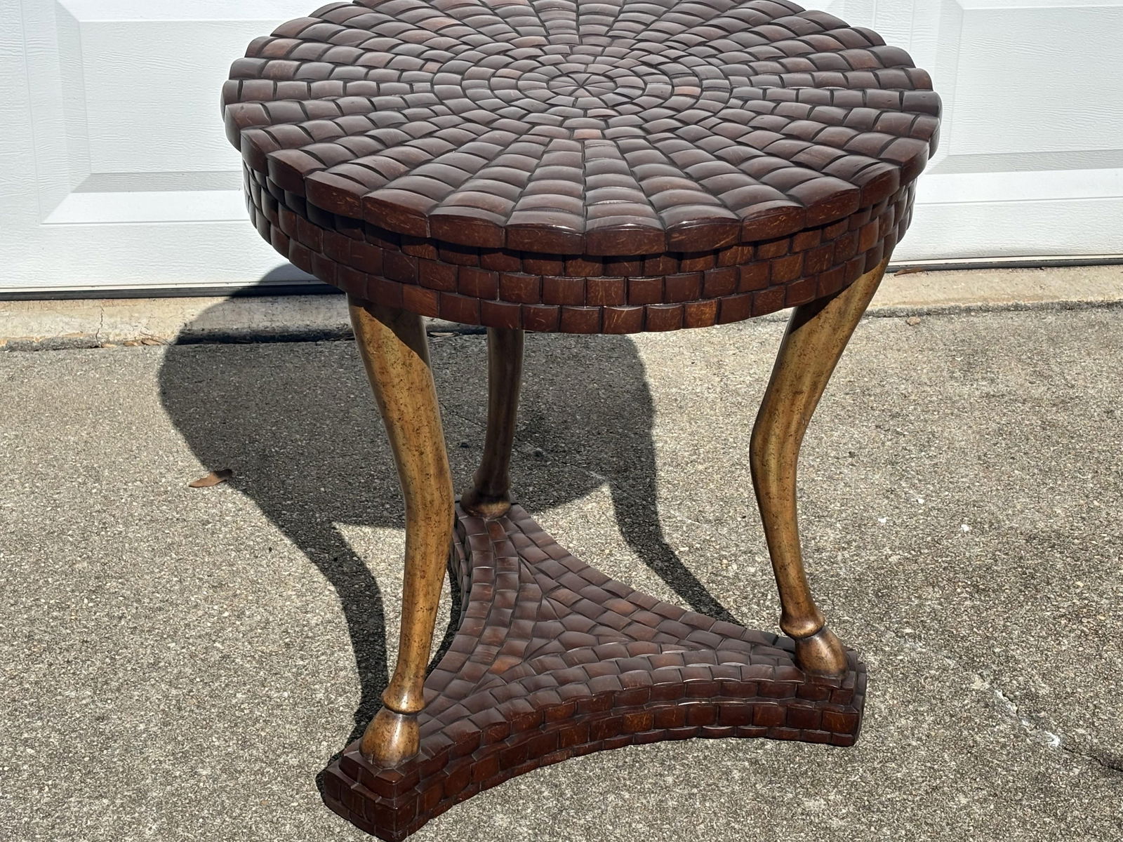 1990s Vintage Maitland Smith Round Accent Side End Table Tri-Pedestal Base Hooved Feet Carved Wood - 2
