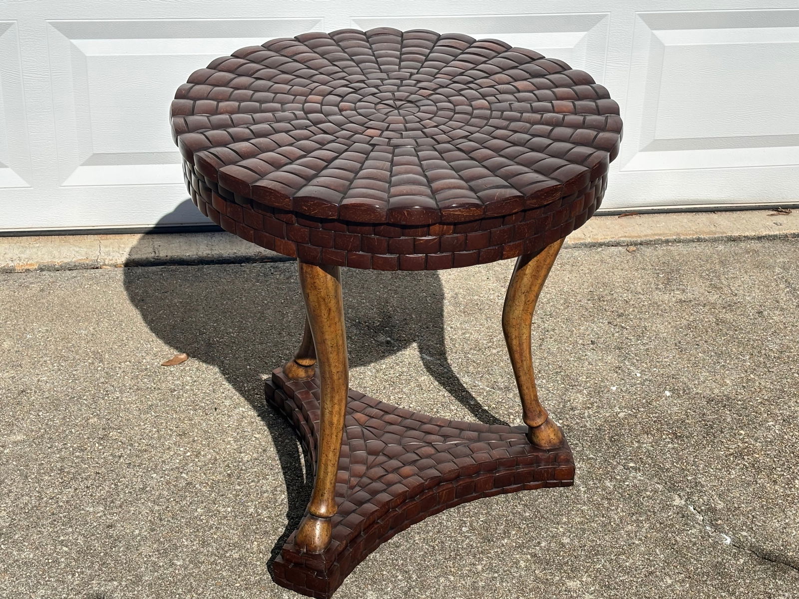 1990s Vintage Maitland Smith Round Accent Side End Table Tri-Pedestal Base Hooved Feet Carved Wood - 4
