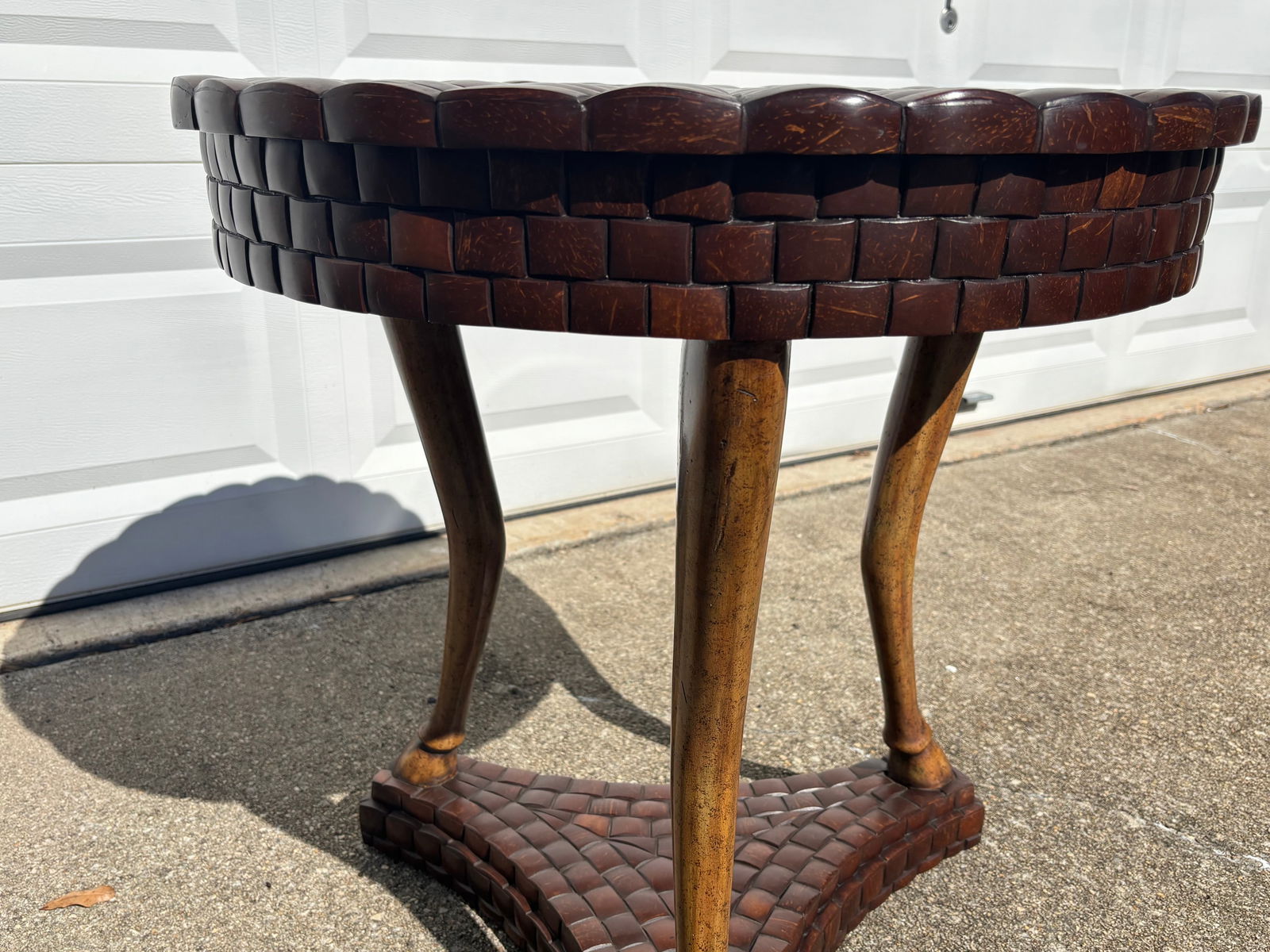 1990s Vintage Maitland Smith Round Accent Side End Table Tri-Pedestal Base Hooved Feet Carved Wood - 5