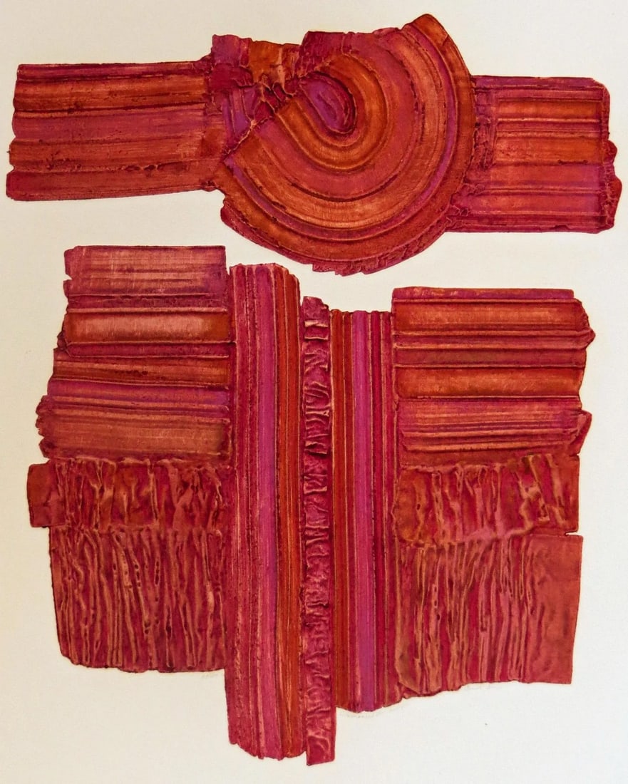 Abstract Etching by Janet Jones, Ceremonial Landscape: This artwork, titled "Ceremonial Landscape" c.1980 is an etching with embossing on Arches paper by noted Canadian artist Janet Jones b.1952. It is hand signed and titled in pencil by the artist. It is