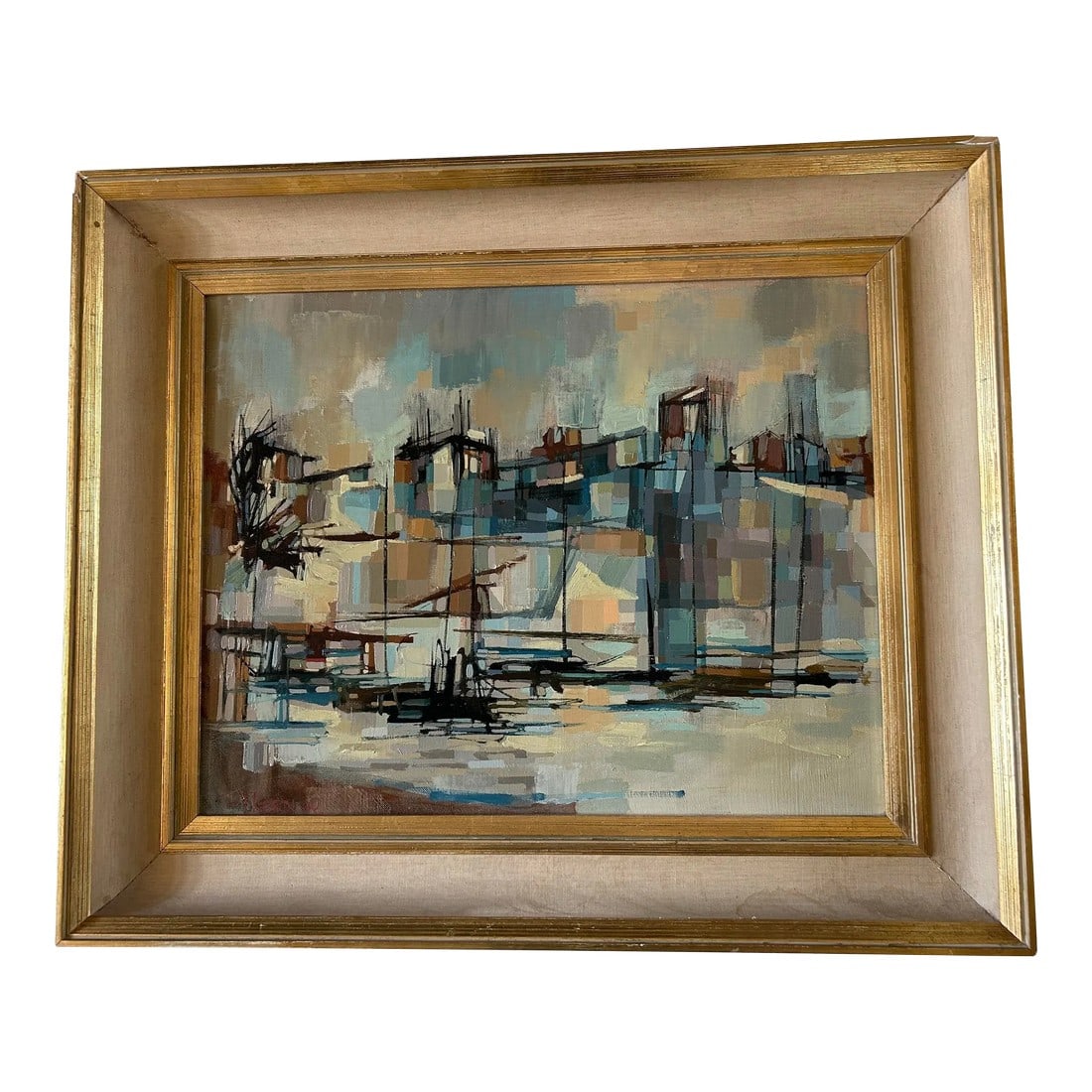 Anthony Thorn Vintage Oil Painting "Harbor Scene" 1960, Signed, Canadian Artist: This lovely Vintage Oil Painting titled€œHarbor Scene" by Canadian artist Anthony Thorn is a lovely addition to any collection. An abstract rendition of the harbor is reflected in shades
