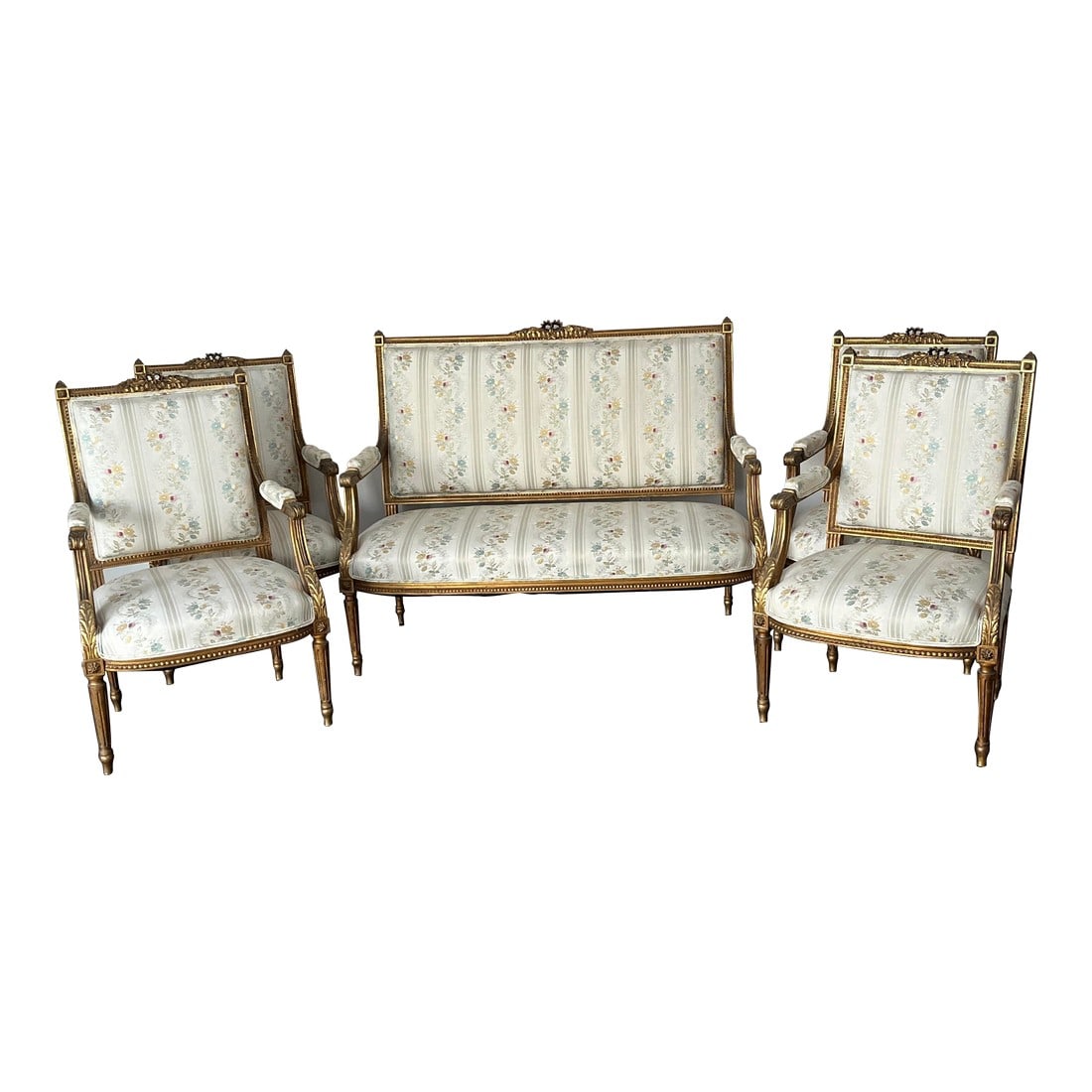 Antique 19th Century 5-Piece Salon Set: Exquisite 19th century French antique 5-piece salon set. Louis XV style , hand carved solid wood frame, hand gold leaf finish. Fluted legs , fully restored and reupholstered in high end, high grade fa
