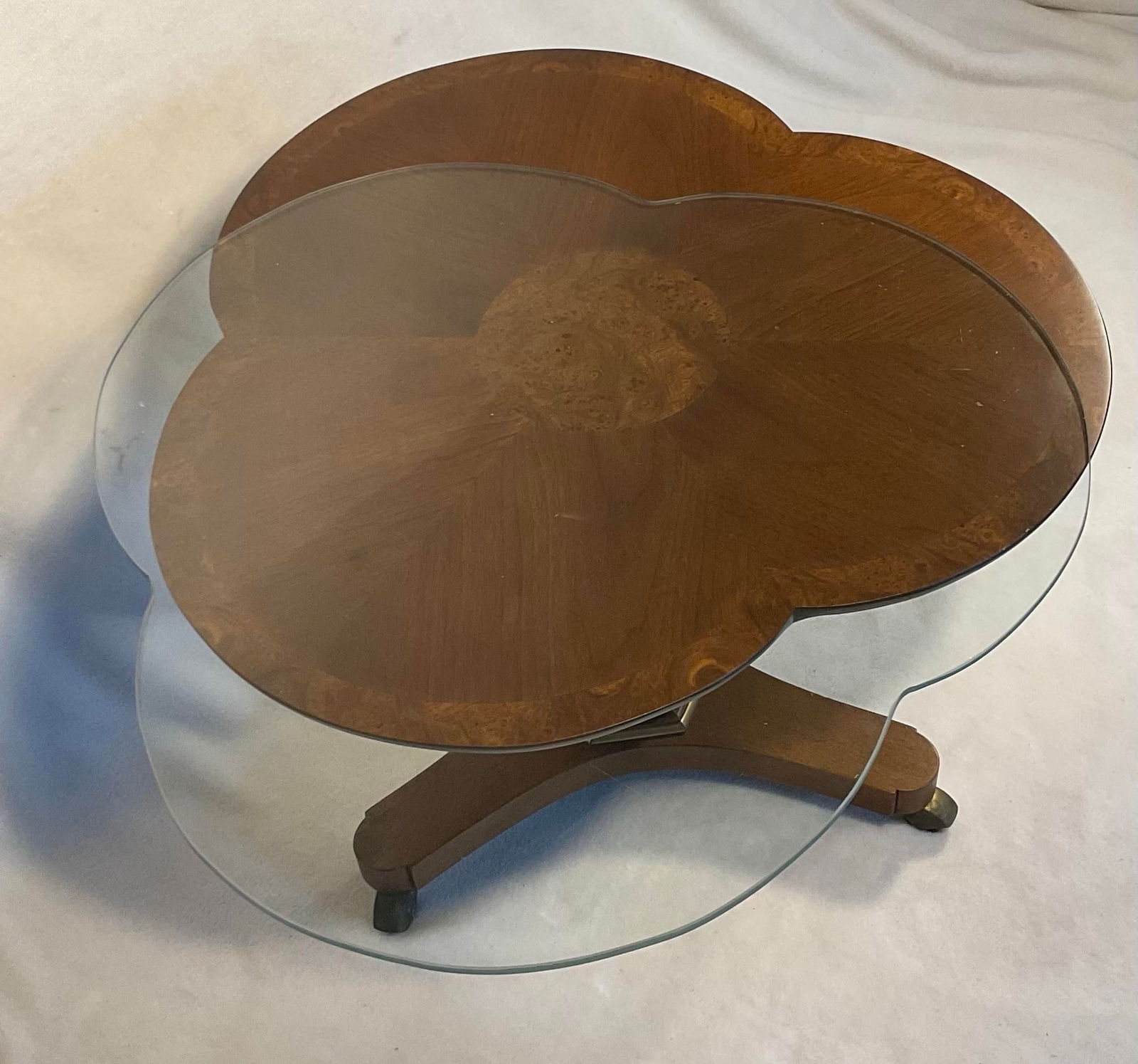 Pair Gueridon Walnut & Burl SideTables, Pansy Flower, Glass Tops Optional - Circa 1950s - 3