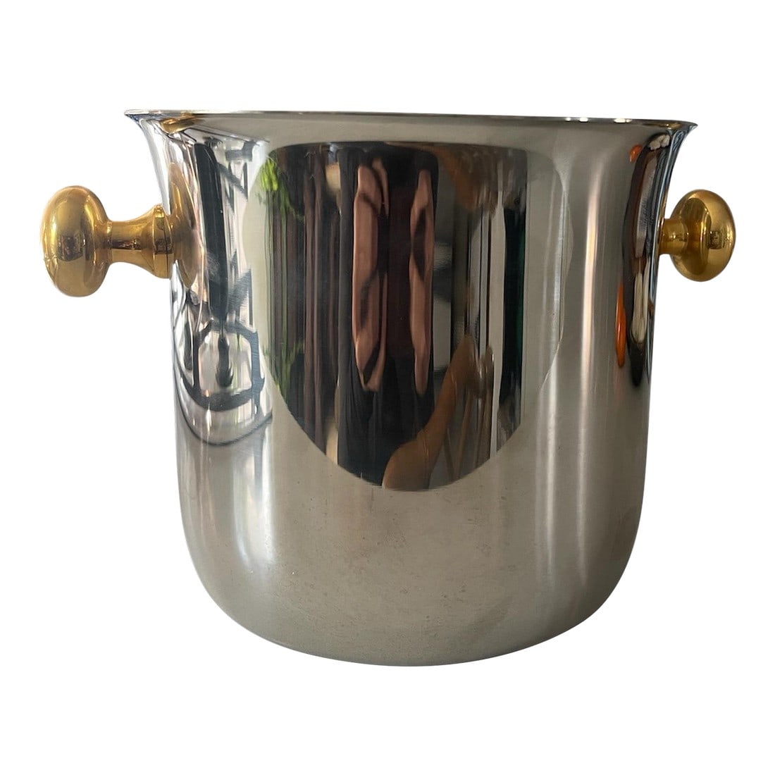 Vintage Champagne Bucket With 24k Gold Plated Handles Made in Italy: Rare vintage German designed by WMF Cromargan stamped on the bottom- the highest quality stainless steel and made in Italy with 24kt gold plated handles. Condition: Original Condition Unaltered; Some