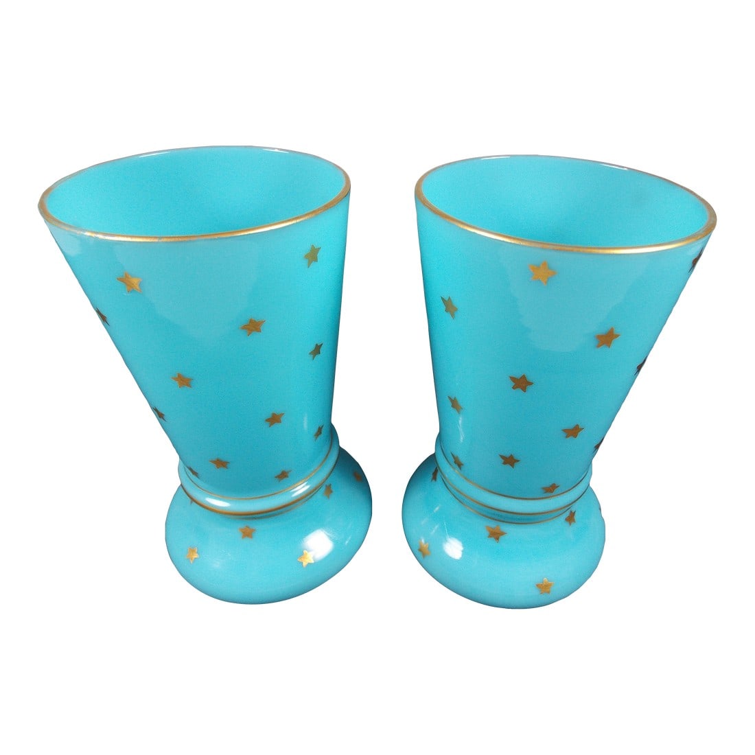 Pair of 1880s Antique French Blue Opaline Vases: These rare France Opaline Glass with rare gold stars are Circa 1880, by Portieux Vallerysthal, France. This charming pair of Portieux Vallerysthal antique vases, in brilliant blue Opaline glass, with