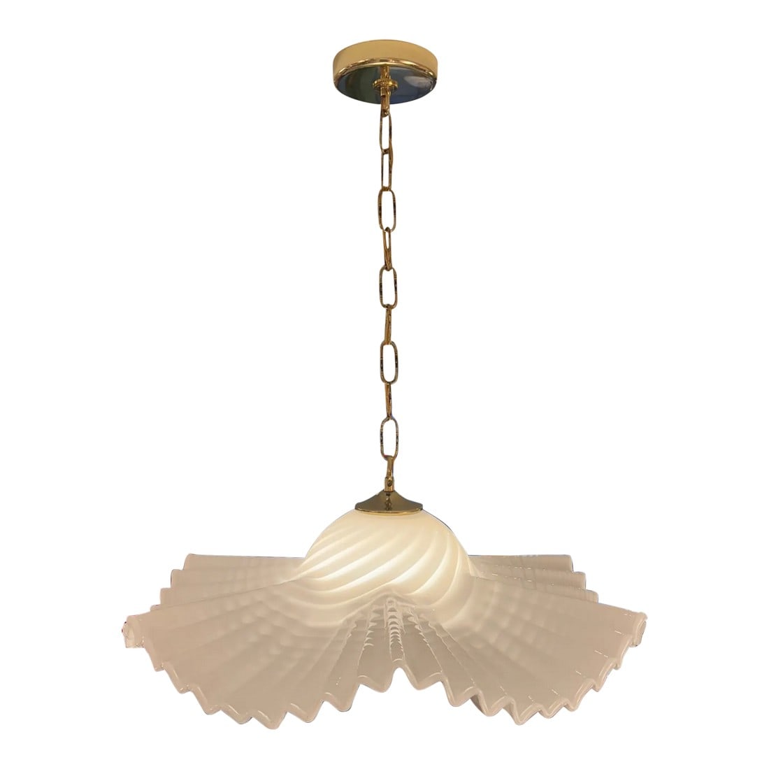 Vintage White Ruffle Murano Style Glass Pendant: A spectacular vintage Murano style white "pleated ruffle" glass pendant chandelier, with stunning elegant pleated ruffle stripe design. Brass hardware. Gorgeous intricate craftsmanship and detail.