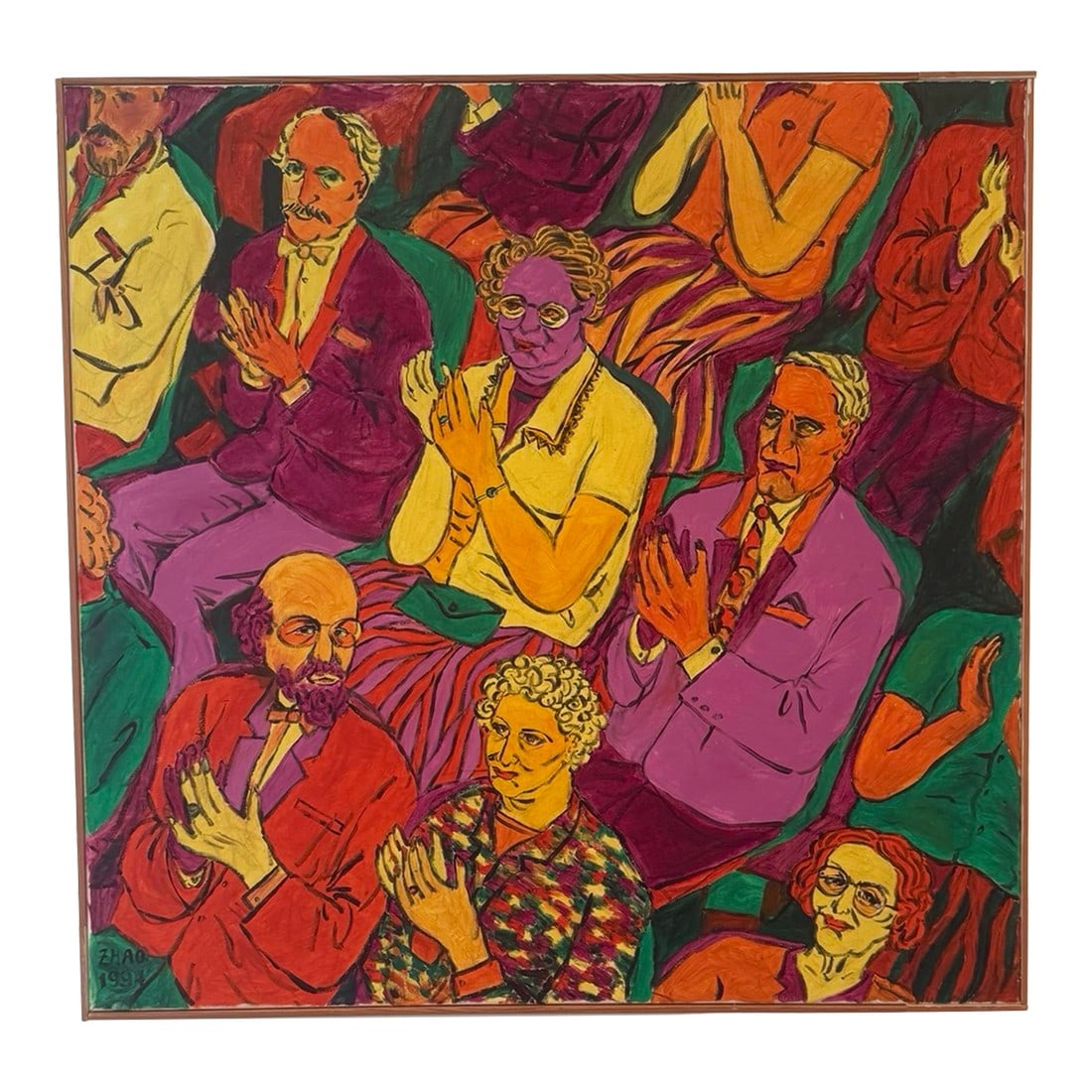 "Applause" - Expressive Contemporary Figurative Painting by Zhao, 1994: A striking and expressive figurative painting by artist Zhao, titled Applause, signed and dated 1994. This compelling composition captures a lively audience mid-clap, rendered in a bold, almost