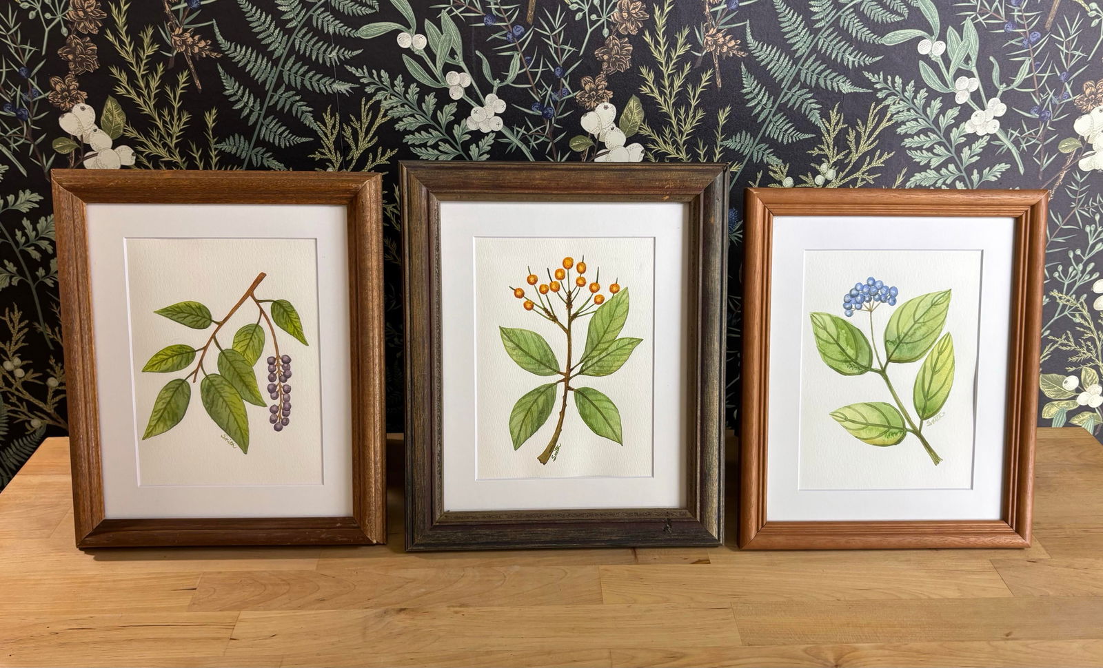 Blue Berry Stem Original Water Color Painting Signed and Framed - 4