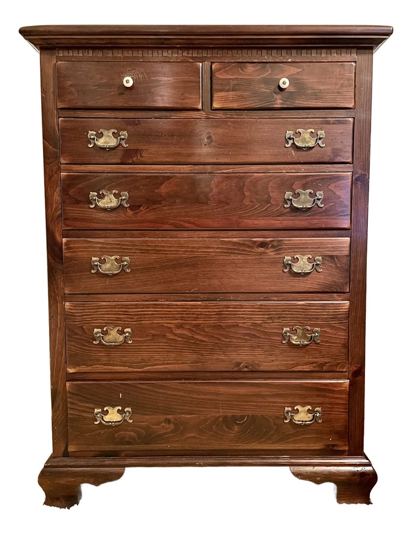 1970s Ethan Allen Old Tavern Collection Pine High Chest 7 Drawers (1 of 12)