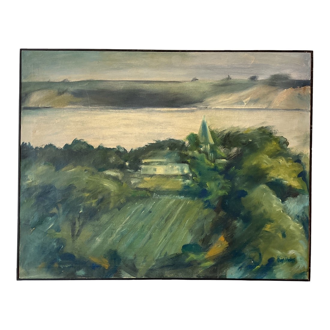 Lush Kip Doyle Oil on Linen Landscape 1971: Stunning landscape painting from a Cranbrook estate; listed artist and framed in a traditional black wood slat. Condition: Original Condition Unaltered; Some Imperfections; Age appropriate wear,