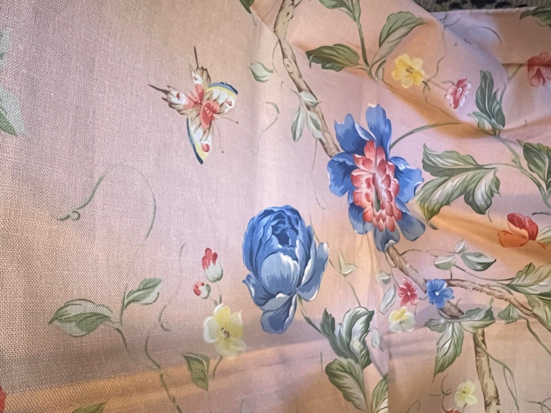 Vintage Scalamandre Floral Print Fabric: Offered for sale is a little over a yard of fabric.The print is on a soft peach background with flowers , butterflies and birds in blues,greens and pinks. Condition: Original Design Modified; Some