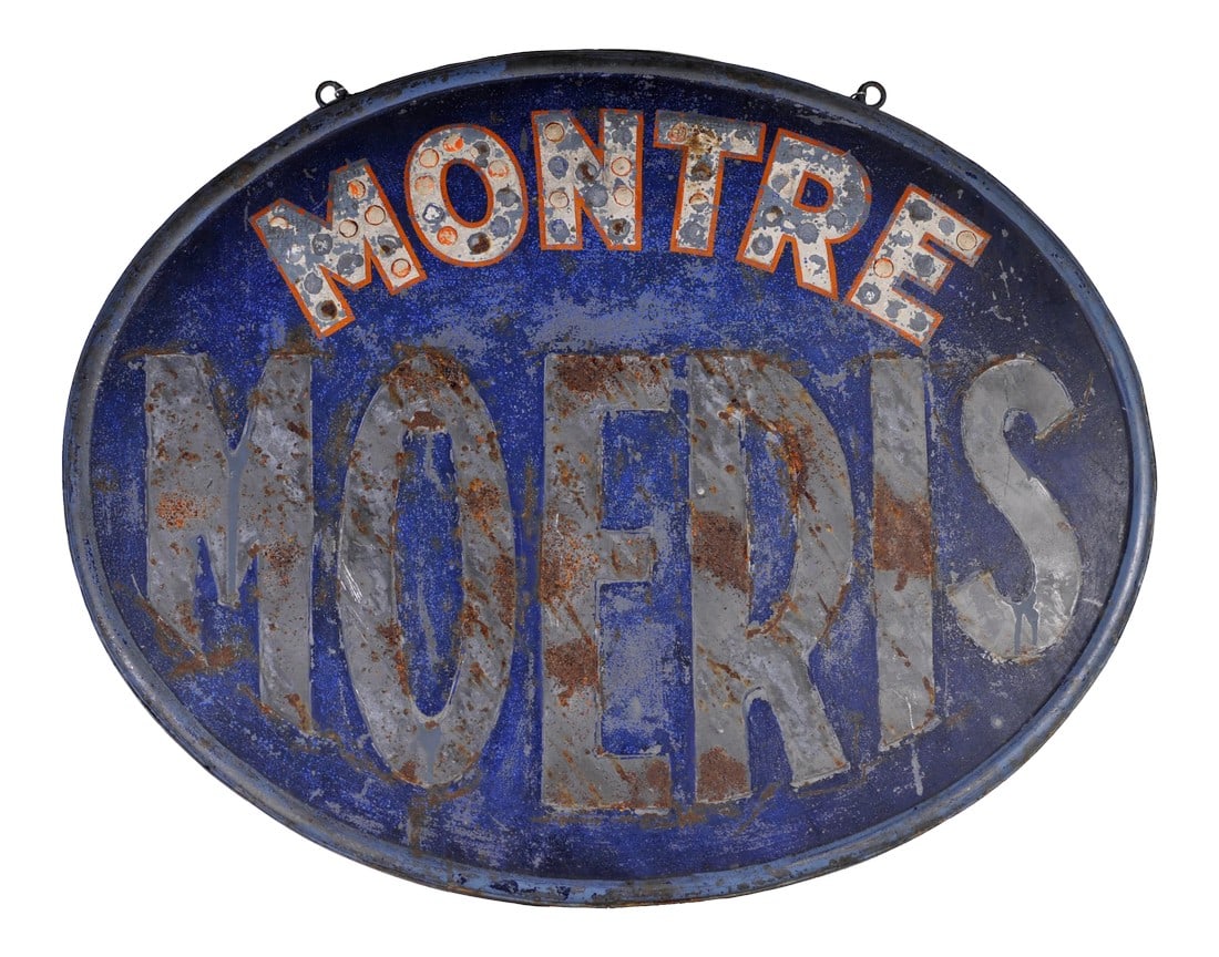 Vintage French Watch Shop Sign (Double Sided): A Vintage French Watch Shop Sign from the 1920s...metal double sided oval shop sign from the Moeris Watch Company, Paris. Very colorful...hues of blue and orange. Very collectable. Condition: