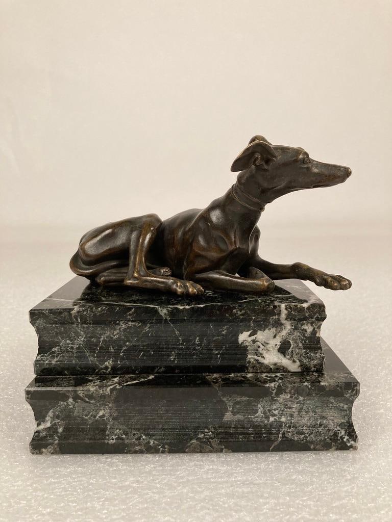 Pair of Regency Bronze Figures of Reclining Whippets on Green Marble Bases - 11