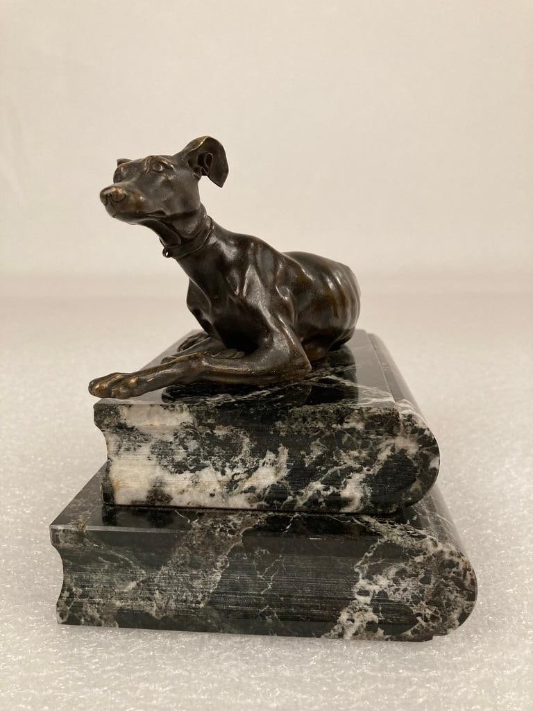 Pair of Regency Bronze Figures of Reclining Whippets on Green Marble Bases - 12