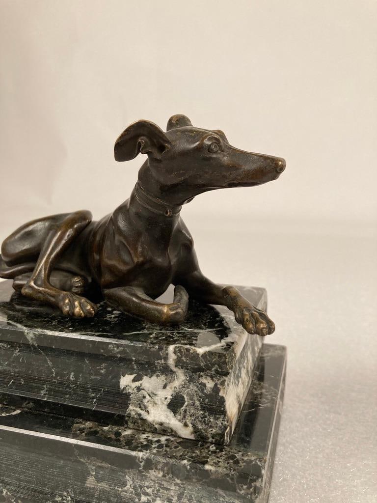 Pair of Regency Bronze Figures of Reclining Whippets on Green Marble Bases - 6