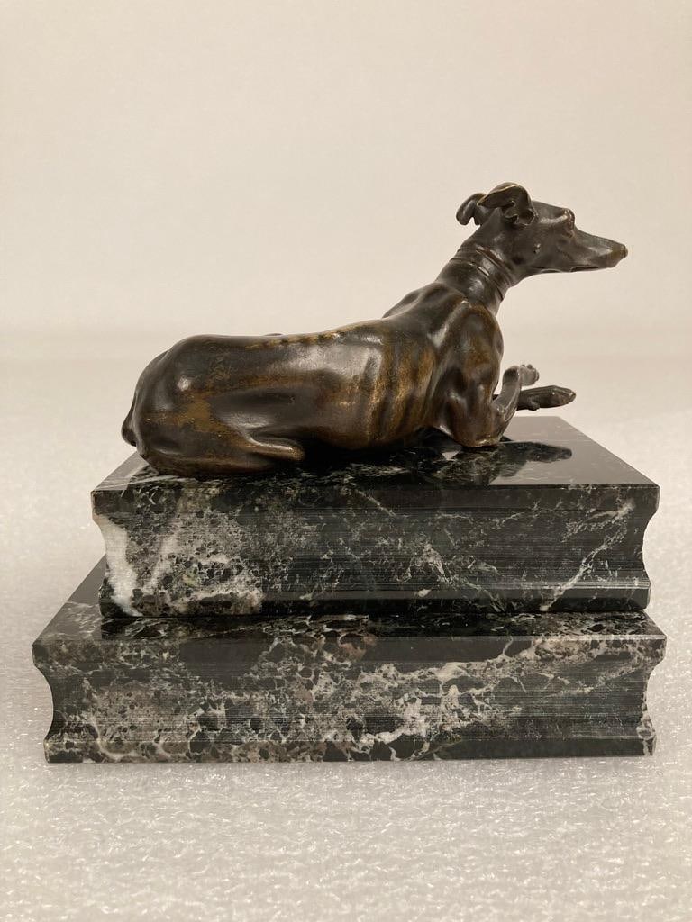 Pair of Regency Bronze Figures of Reclining Whippets on Green Marble Bases - 9