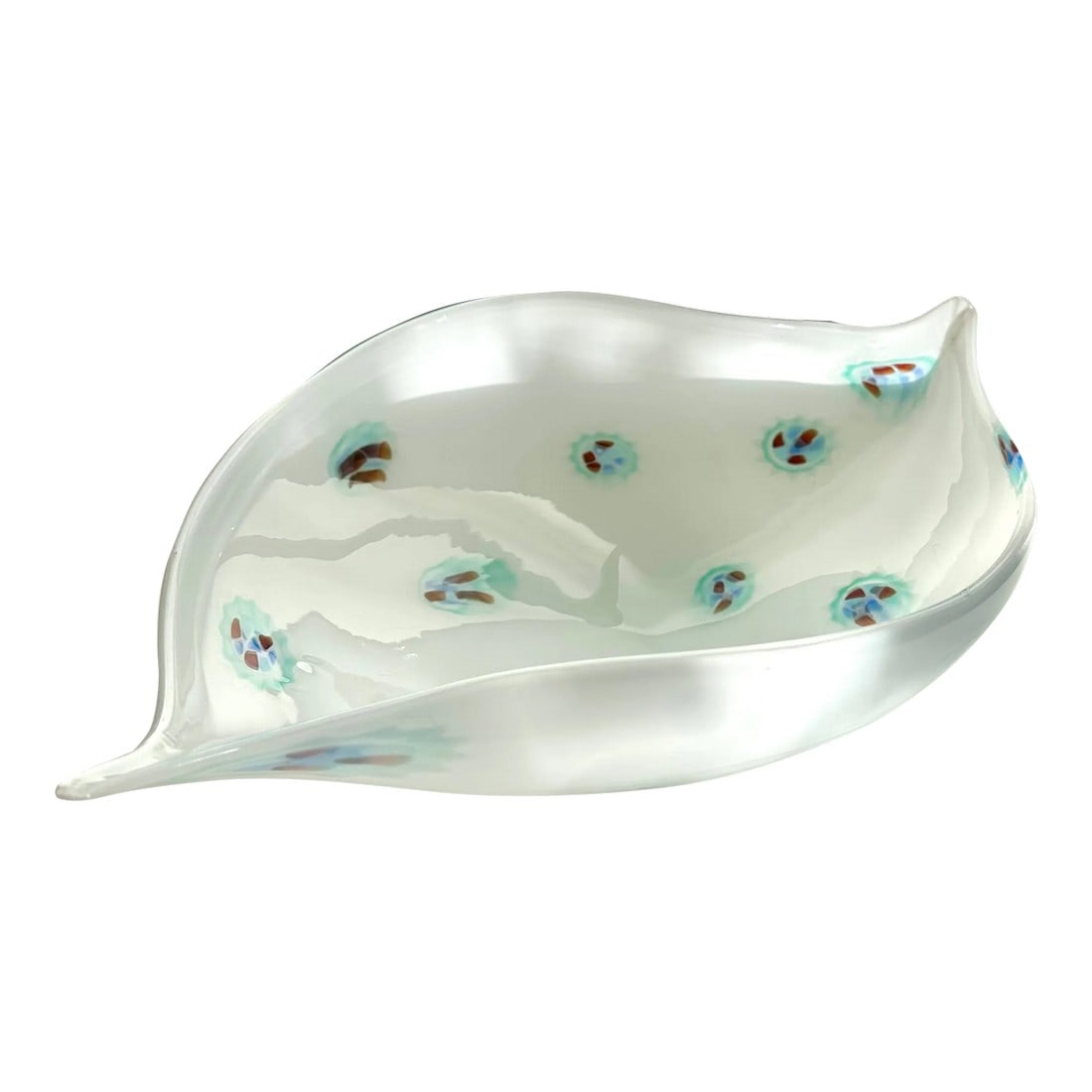 Venini White Mille Fiori Murano Glass Bowl Italy 1950s Mid-Century Modern: 1950S Venini Art Glass Bowl Mid-century organic modern shell shaped bowl in Murano milk glass, decorated with light aqua blue and berry "Mille Fiori" design, unique example, smooth, with a distinctive