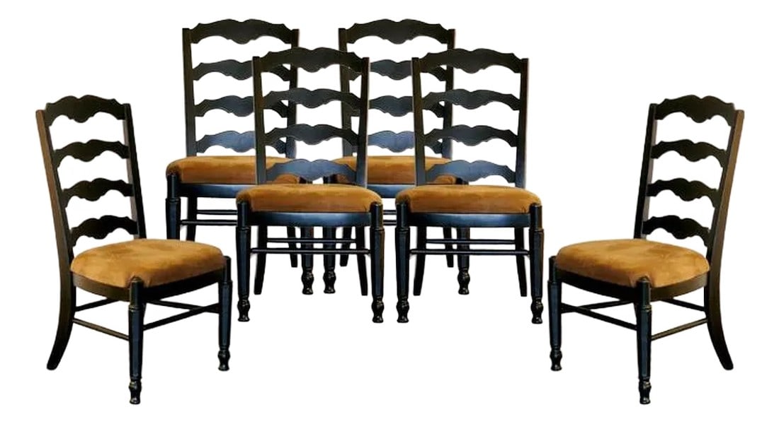 Vintage Distressed Black Ladderback Dining Chairs- Set of 6 (1 of 10)