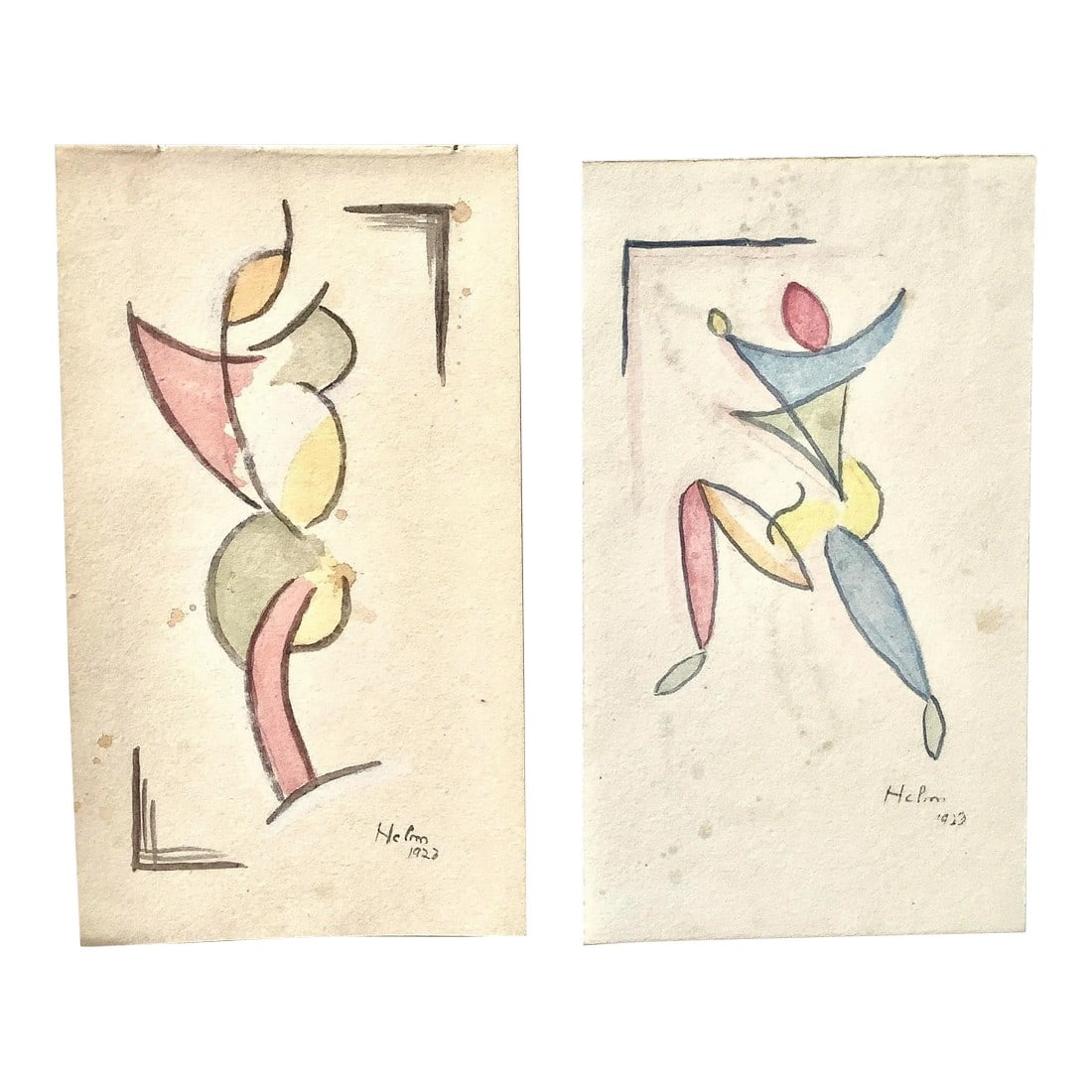 Pair of Watercolor Sketches by Venetian Artist 1923: Venetian Harlequins, watercolor and gouache figural studies from sketchbook of Hans Helm, a Venetian artist [1900-68]. Sketchbook purchased in a Venice flea market 1981. Each sheet is 3 3/4 x 6 1/2"