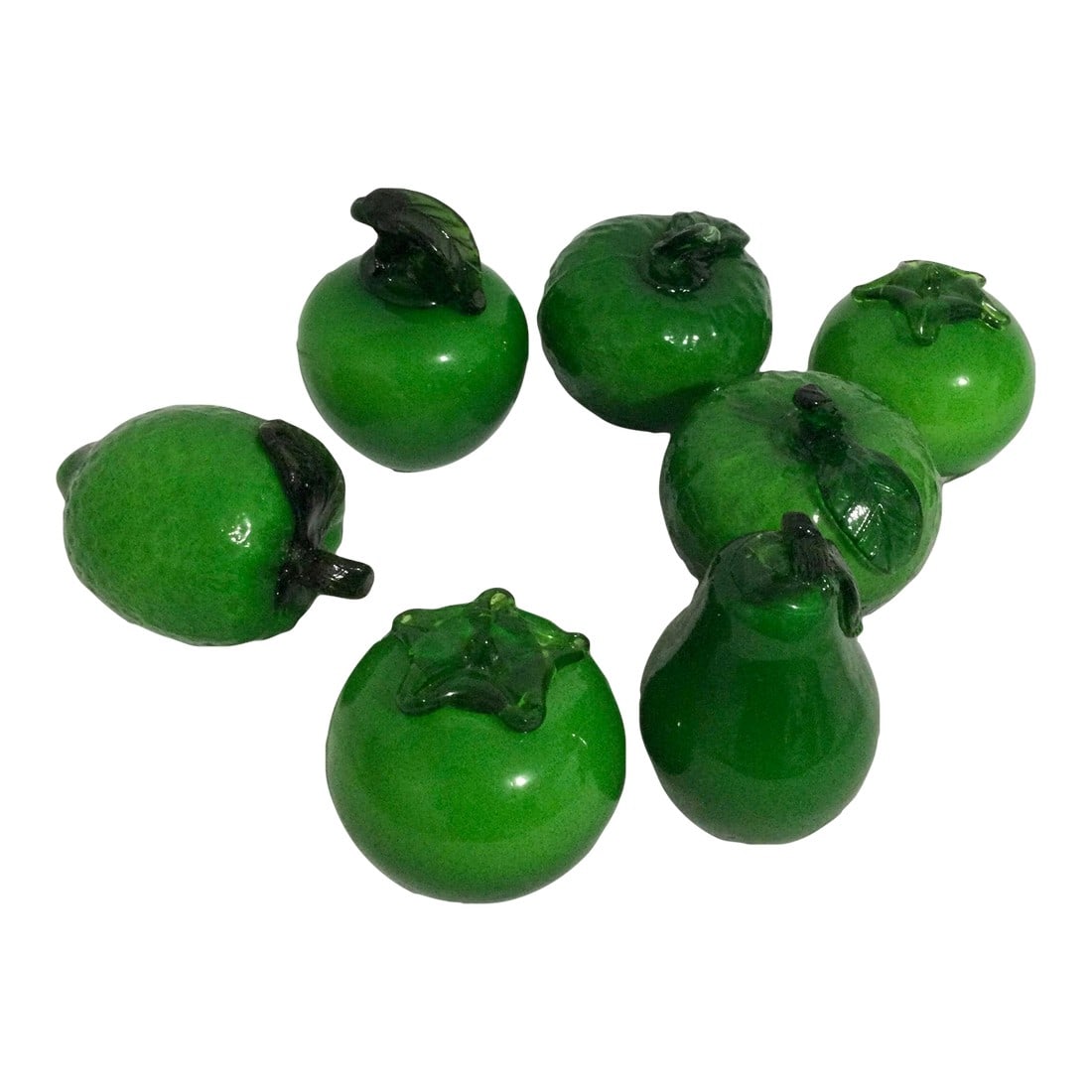1980s Art Nouveau Murano Style Glass Fruit Set of Seven: We love this set of seven blown and pressed glass fruit . 2 tomato, 1 apple, 1 lemon, 2 oranges and 1 pear showcase a combination of blown and pressed glass artistry, giving them their beautifully