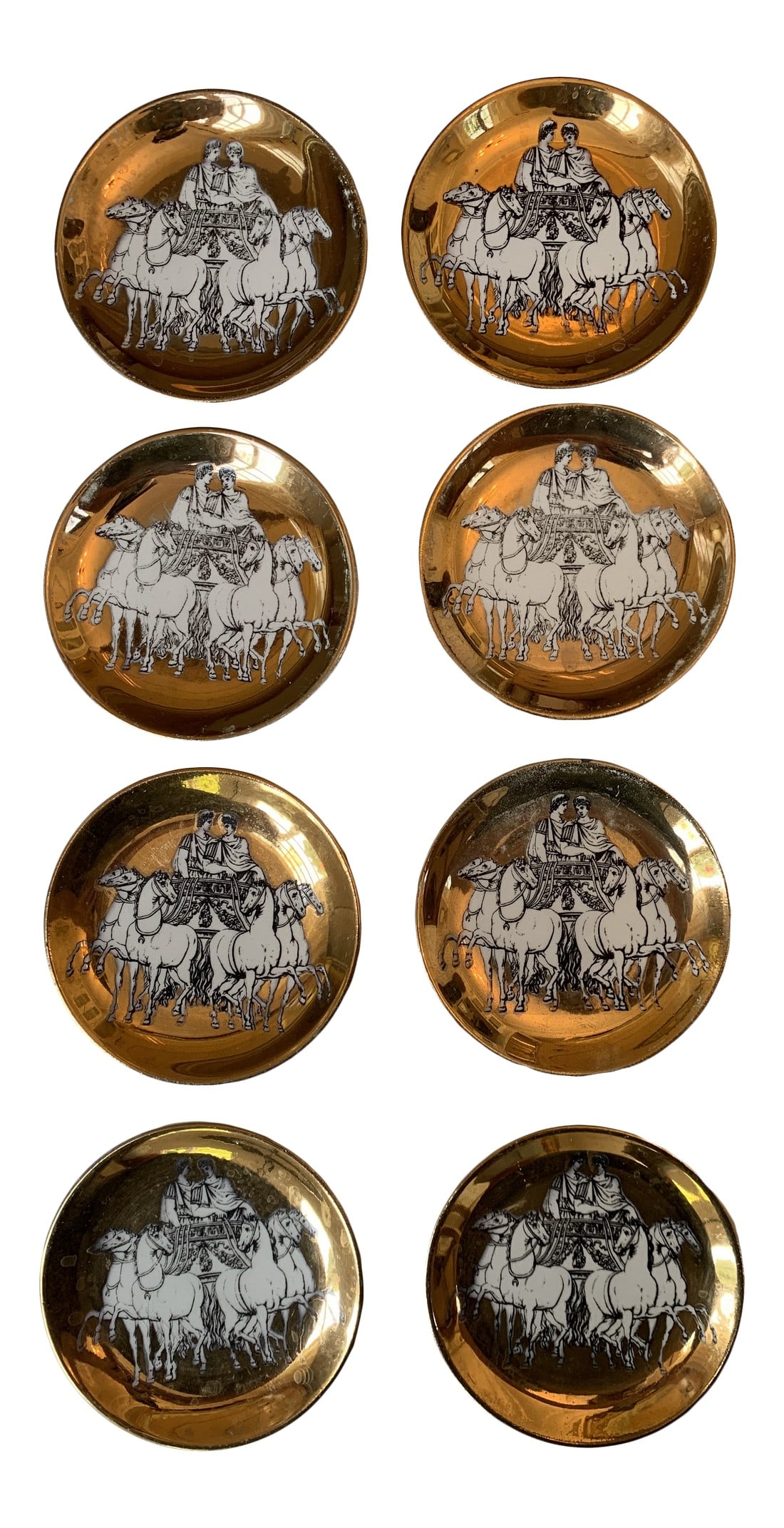 1860 P. Fornasetti "Roman Quadriga " Brass Plates - Set of 8: P. Fornasetti ROMAN QUADRIGA . Plates Set of 8 : white roman quadriqua on brass back. Signed on the bottom: FORNASETTI-MILANO MADE IN ITALY and EXCLUSIVE FOR SAKS FIFTH AVENUE Italy, 1950s 