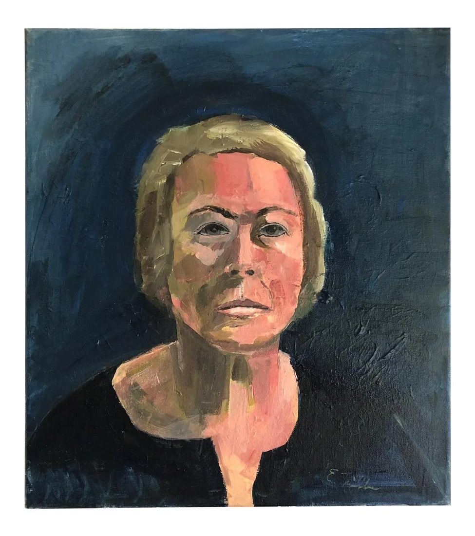 Female Portrait Acrylic on Canvas Painting by Esther Triffler: Portrait painting of stoic female. Acrylic on stretched canvas, unframed. Dark blues, greens, yellows, peach, and pink; some impasto. Undated; estimating circa 1980s or 1990s. Signed bottom right "E.