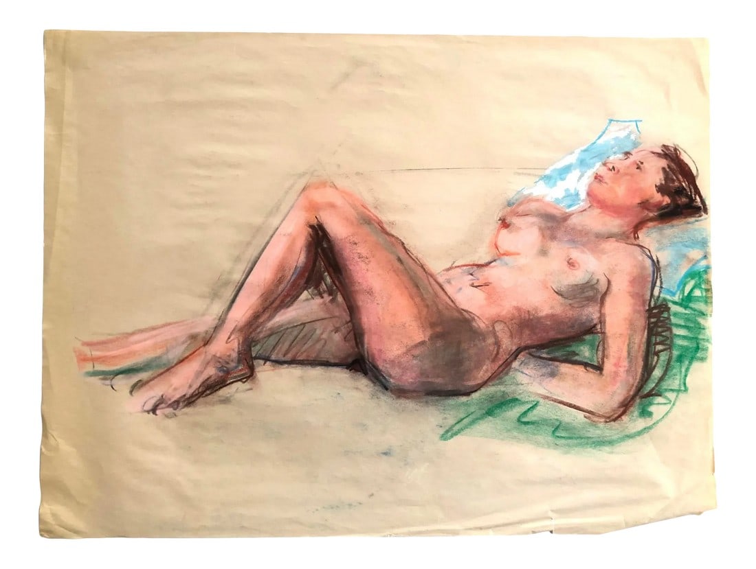 1980s Nude Female Figure Drawing, Pastel on Paper: Reclining nude female pastel drawing on loose newsprint sketching paper. Unsigned, but from the estate of/attributed to Esther Triffler (née Lerner, American, 1949-2013). Undated, circa 1980s. Pa