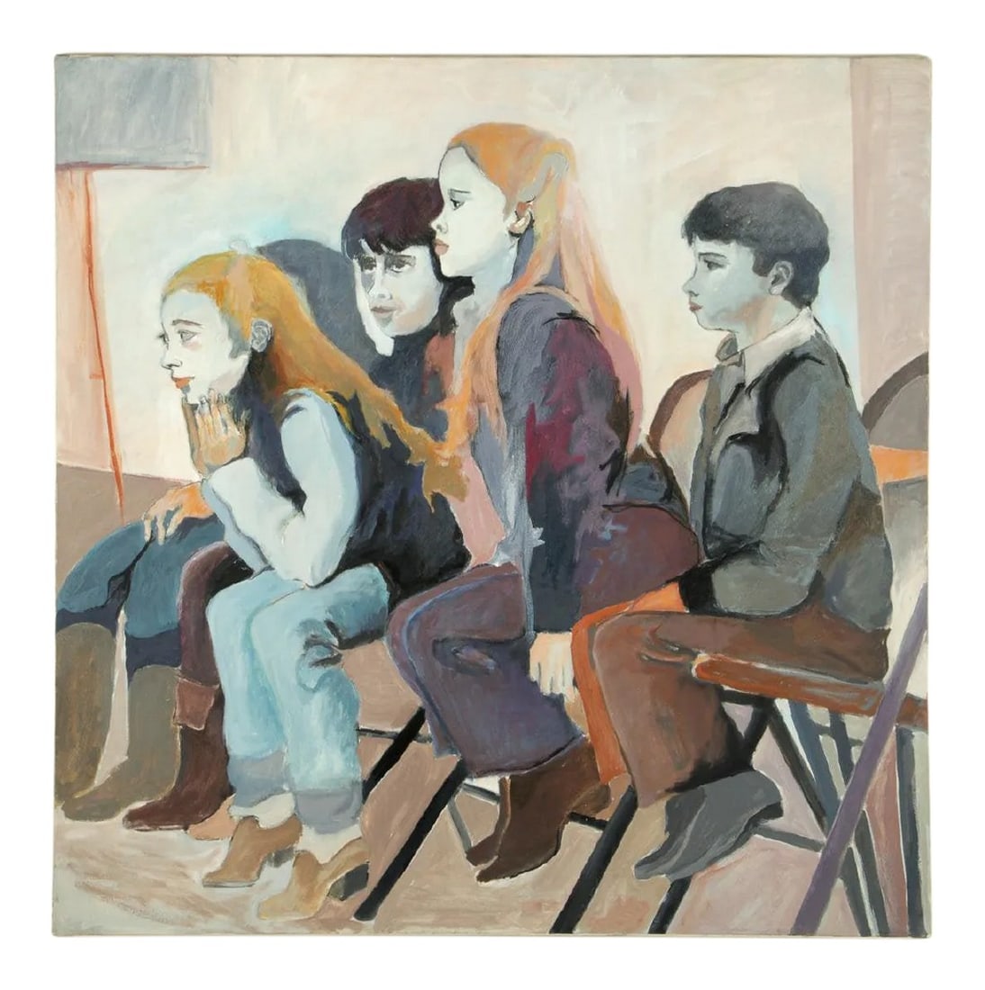 Original Frances Jacobson Painting of Seated Children - 36x36": Evocative painting by well-known portrait artist Frances Jacobson (American, 1923-2011), depicting a group of children seated on chairs. Oil paint on stretched canvas. Apparently unsigned. Approximate