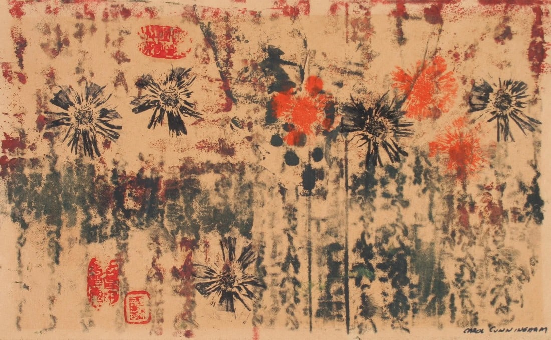 Abstracted Floral Print 1963 Monotype: This 1963 monotype on paper floral print is by Bay Area printmaker, painter, and book artist Carol Cunningham (1925-2013). She founded Sunflower Press in Marin in the early 1960s and was a member of
