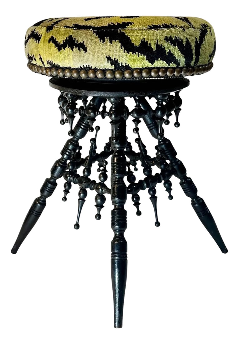 Mid 19th Century Victorian Black Wood Stool Upholstered in ScalamandrÃ© Tiger Velvet (1 of 8)