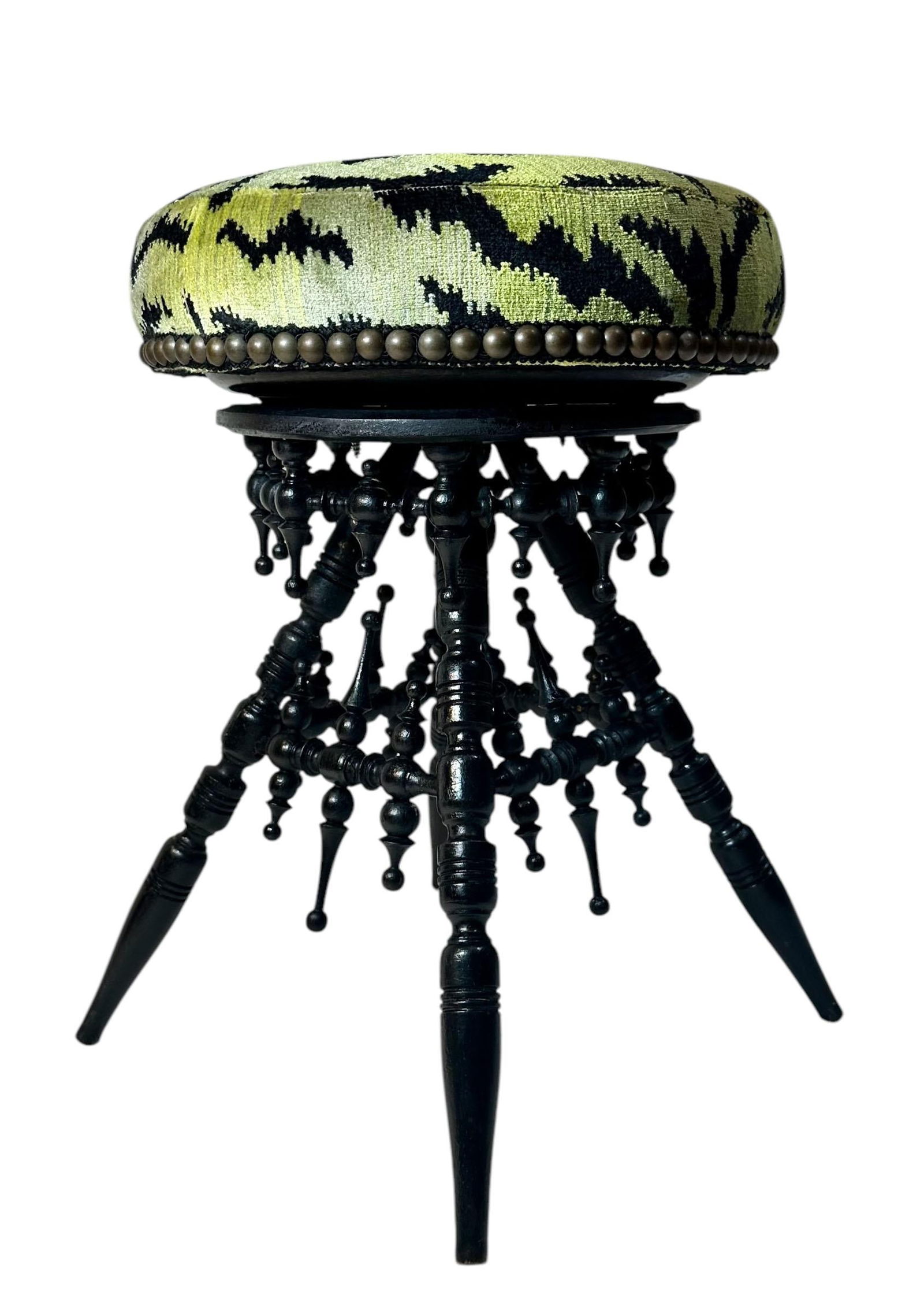 Mid 19th Century Victorian Black Wood Stool Upholstered in ScalamandrÃ© Tiger Velvet - 4