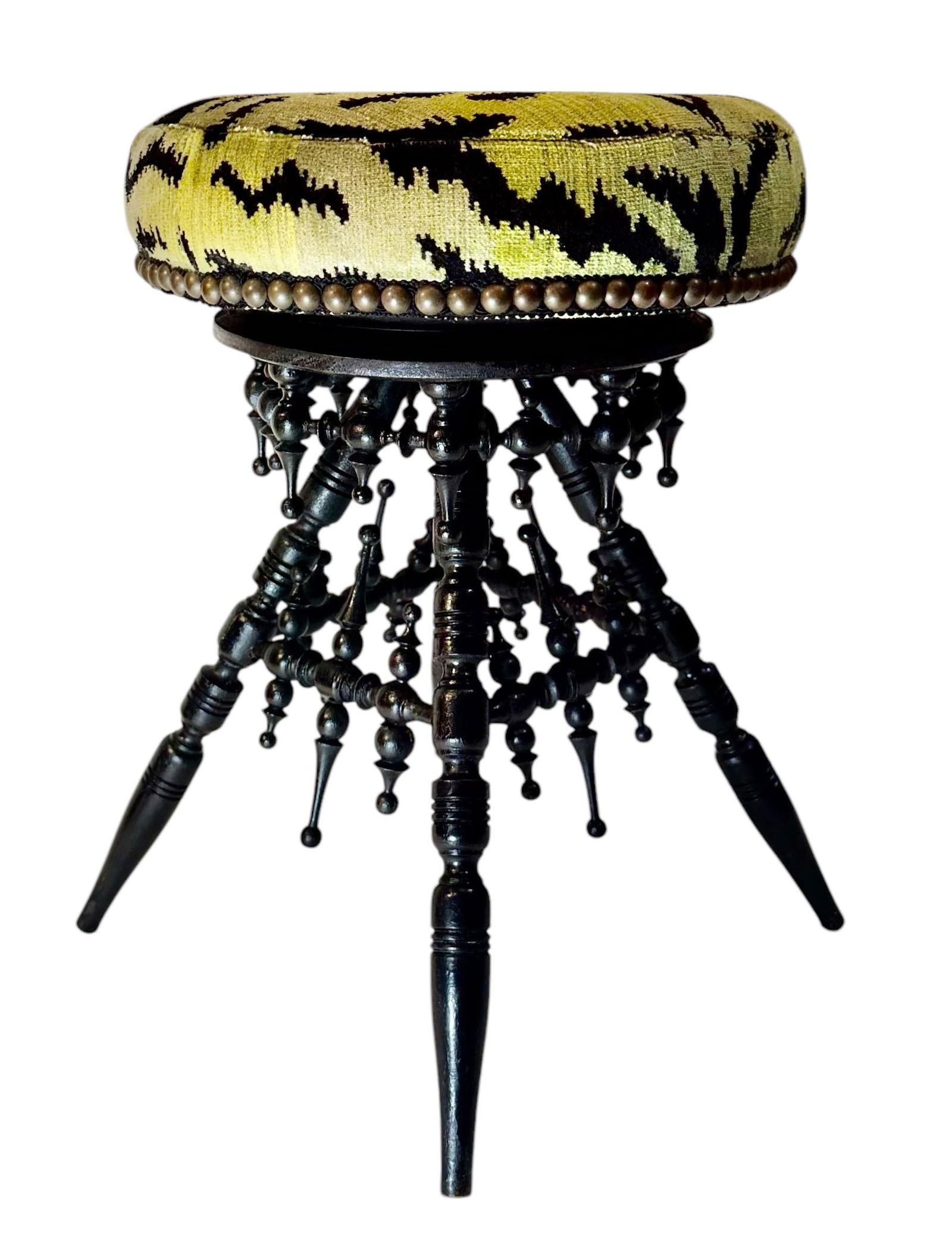 Mid 19th Century Victorian Black Wood Stool Upholstered in ScalamandrÃ© Tiger Velvet - 6