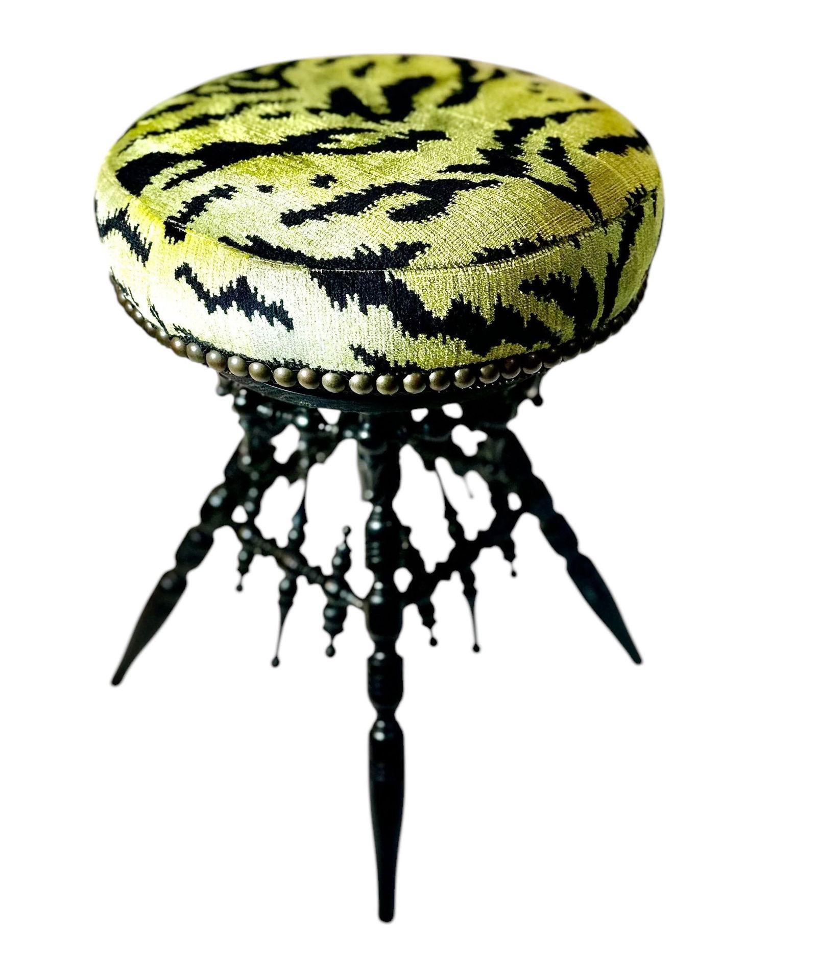 Mid 19th Century Victorian Black Wood Stool Upholstered in ScalamandrÃ© Tiger Velvet - 7