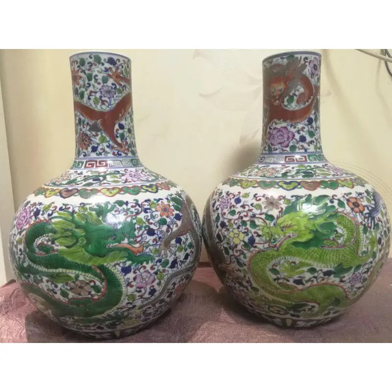 Pair of Chinese Mid 19th Century Porcelain Vases Qing Dynasty Qianlong Marked Blue and White Doucai - 2