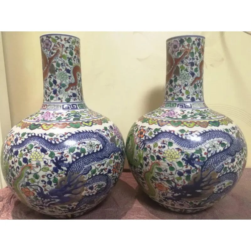 Pair of Chinese Mid 19th Century Porcelain Vases Qing Dynasty Qianlong Marked Blue and White Doucai - 5