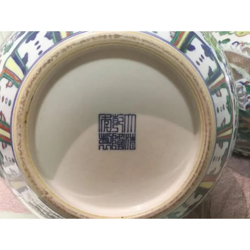 Pair of Chinese Mid 19th Century Porcelain Vases Qing Dynasty Qianlong Marked Blue and White Doucai - 8