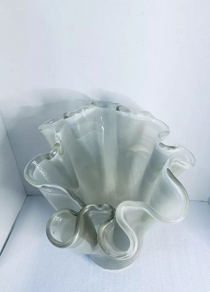 Vintage Murano Large Glass Vase Ruffled Top - 2