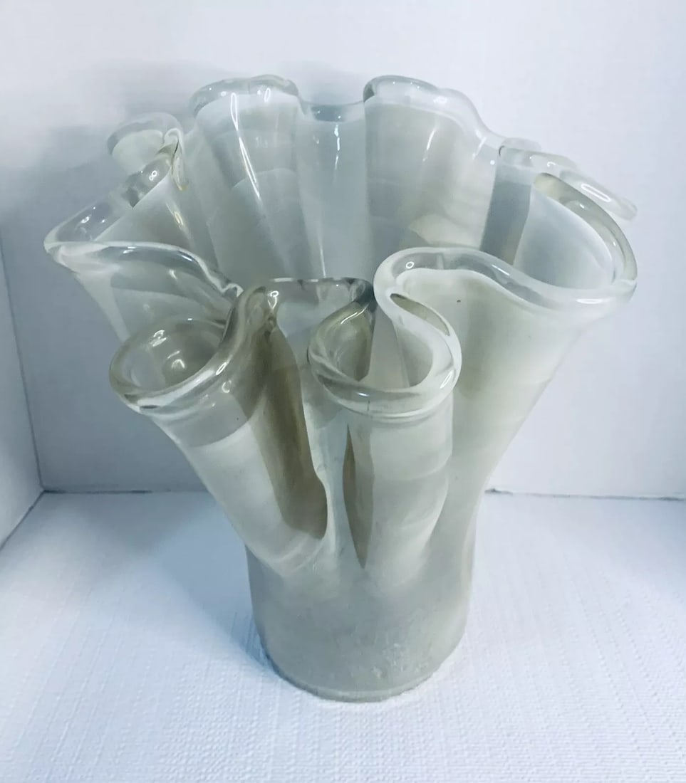 Vintage Murano Large Glass Vase Ruffled Top - 5
