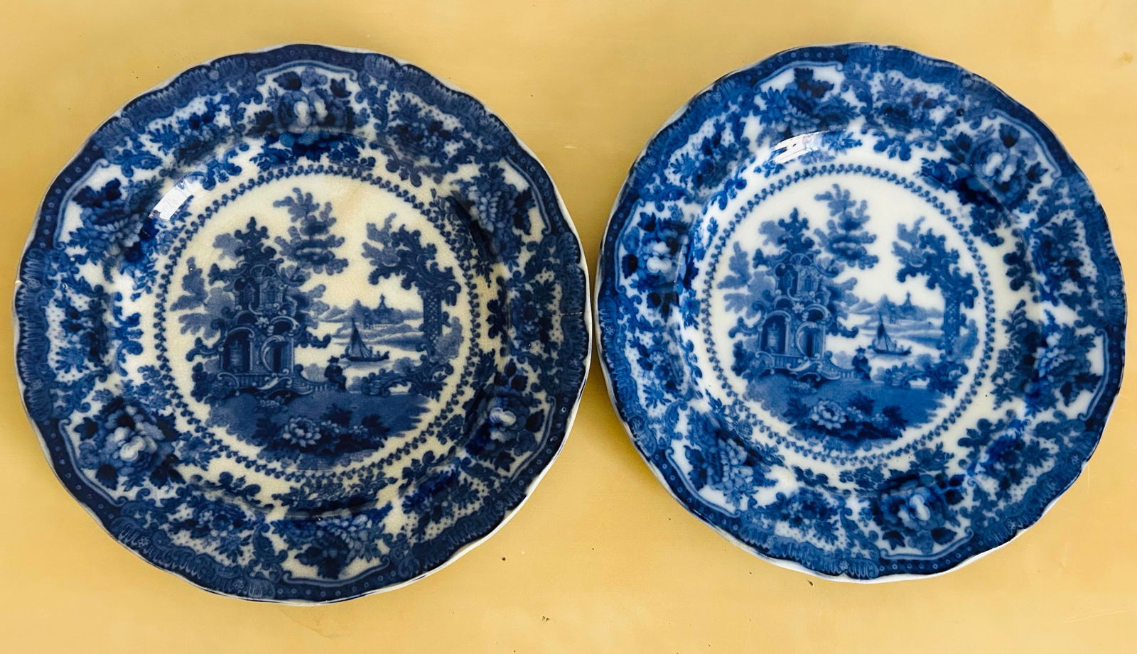 Antique 1893 Flow Blue Stoneware "Fairy Villas" Made in England by W Adams Co. -8 Pieces - 11