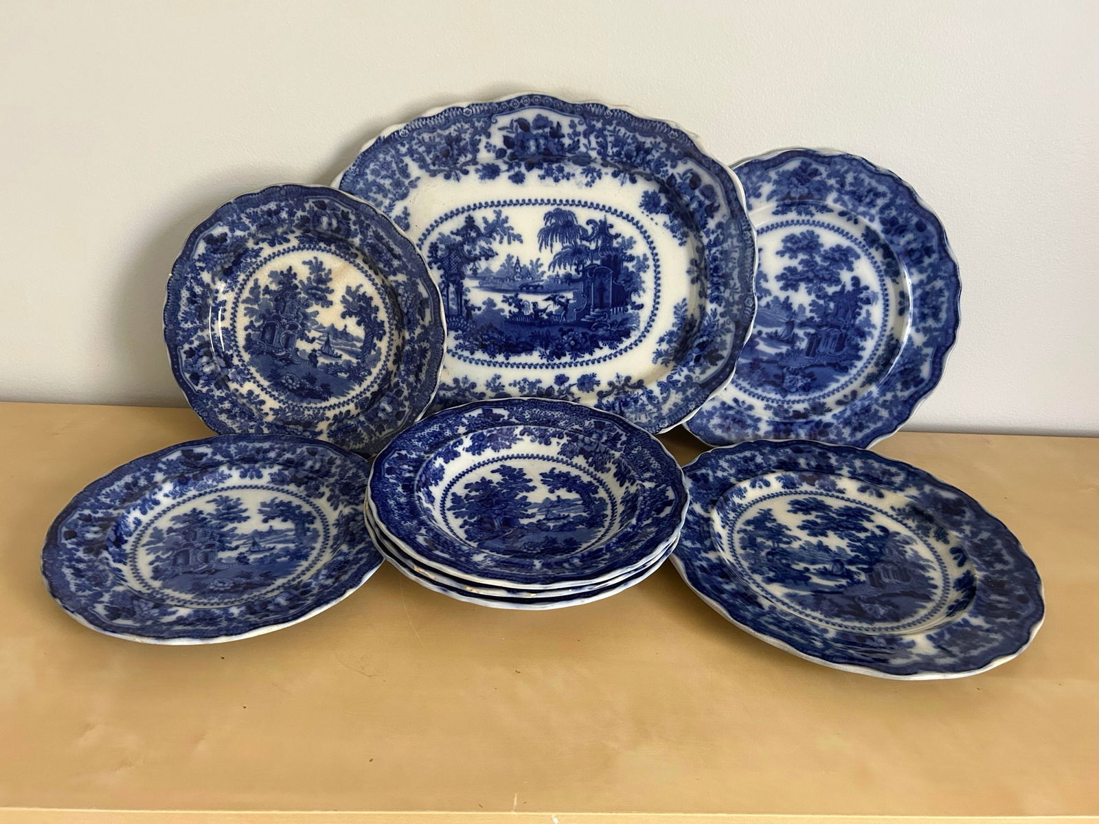 Antique 1893 Flow Blue Stoneware "Fairy Villas" Made in England by W Adams Co. -8 Pieces - 2