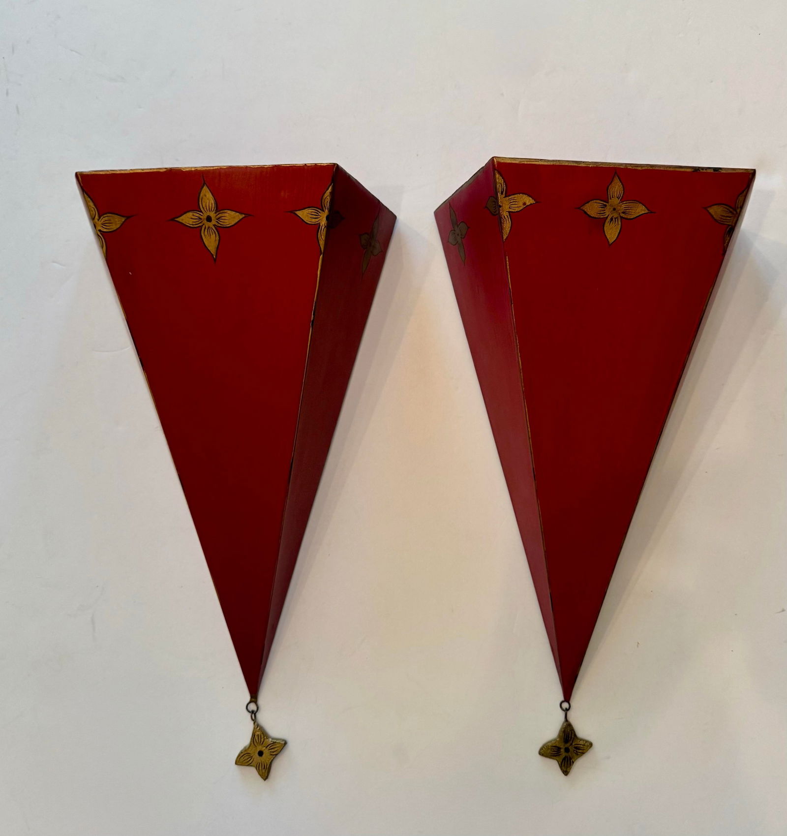 Set of 2 Vintage 20th Century Dark Red Metal Tole Wall Shelves With Gold Accents - 10