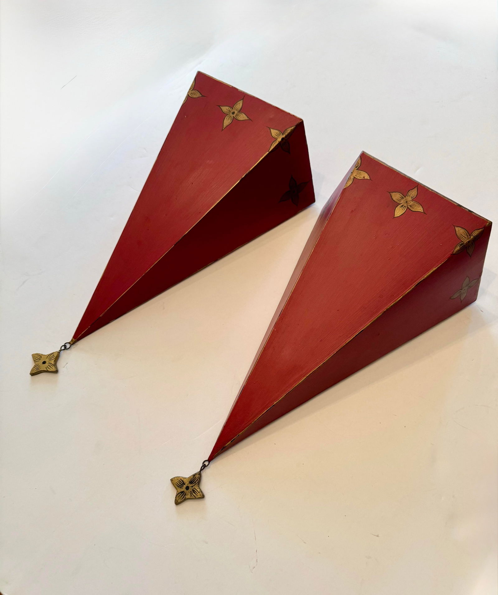 Set of 2 Vintage 20th Century Dark Red Metal Tole Wall Shelves With Gold Accents - 2