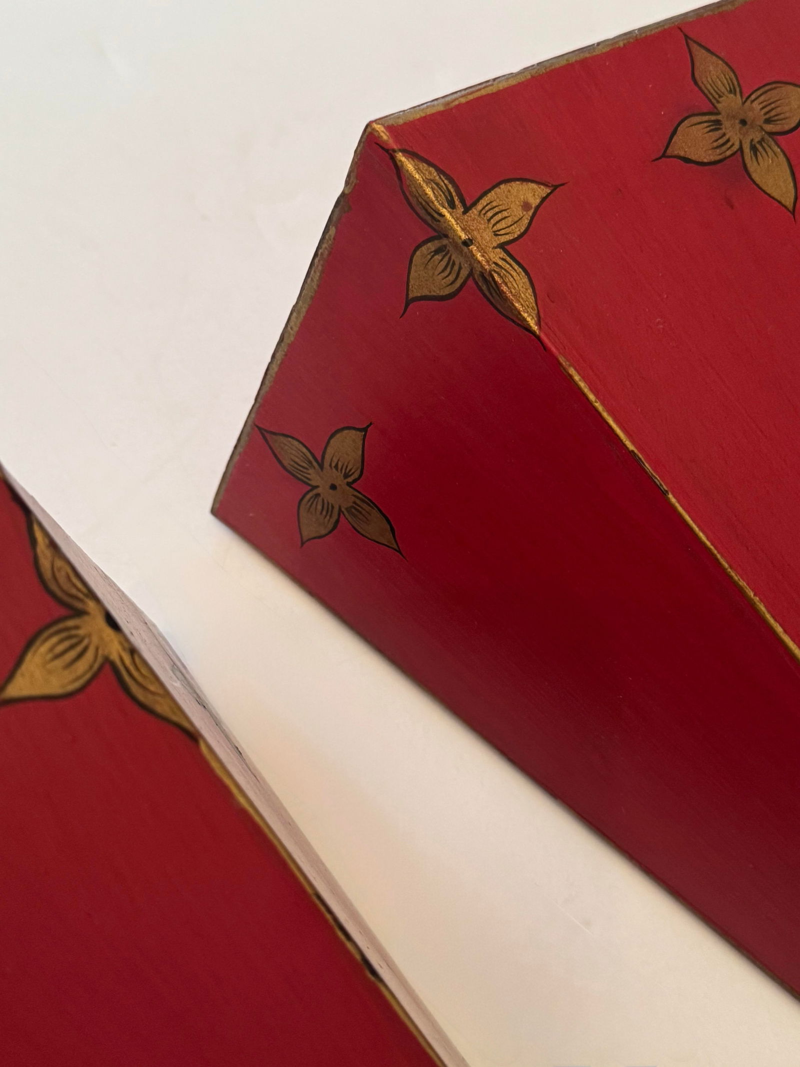 Set of 2 Vintage 20th Century Dark Red Metal Tole Wall Shelves With Gold Accents - 8