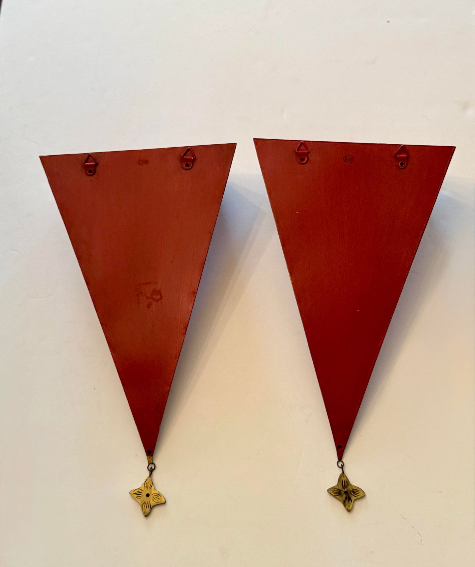 Set of 2 Vintage 20th Century Dark Red Metal Tole Wall Shelves With Gold Accents - 9